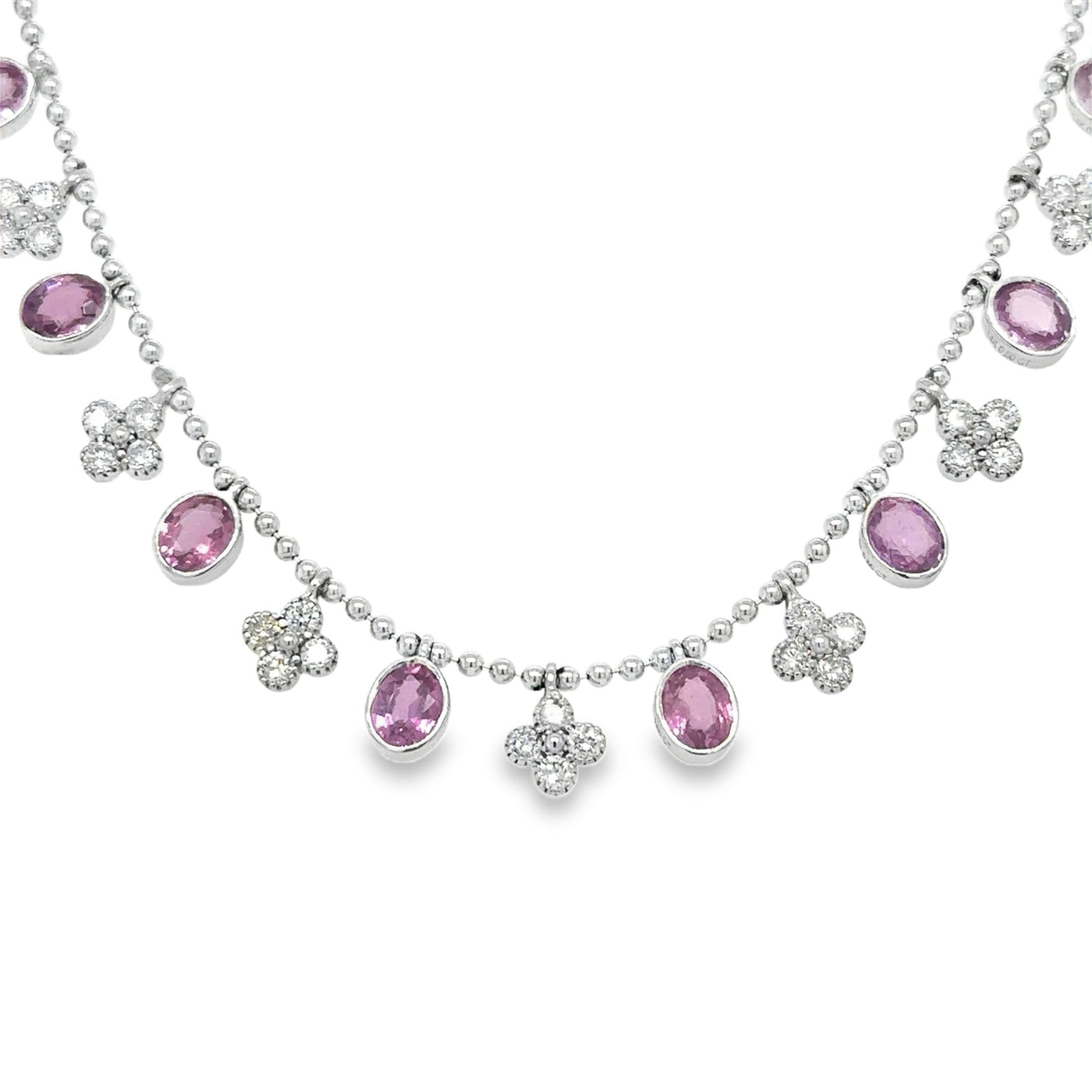 14K White Gold Pink Sapphire & Diamond Clover Dangling Necklace 5.29 TCW