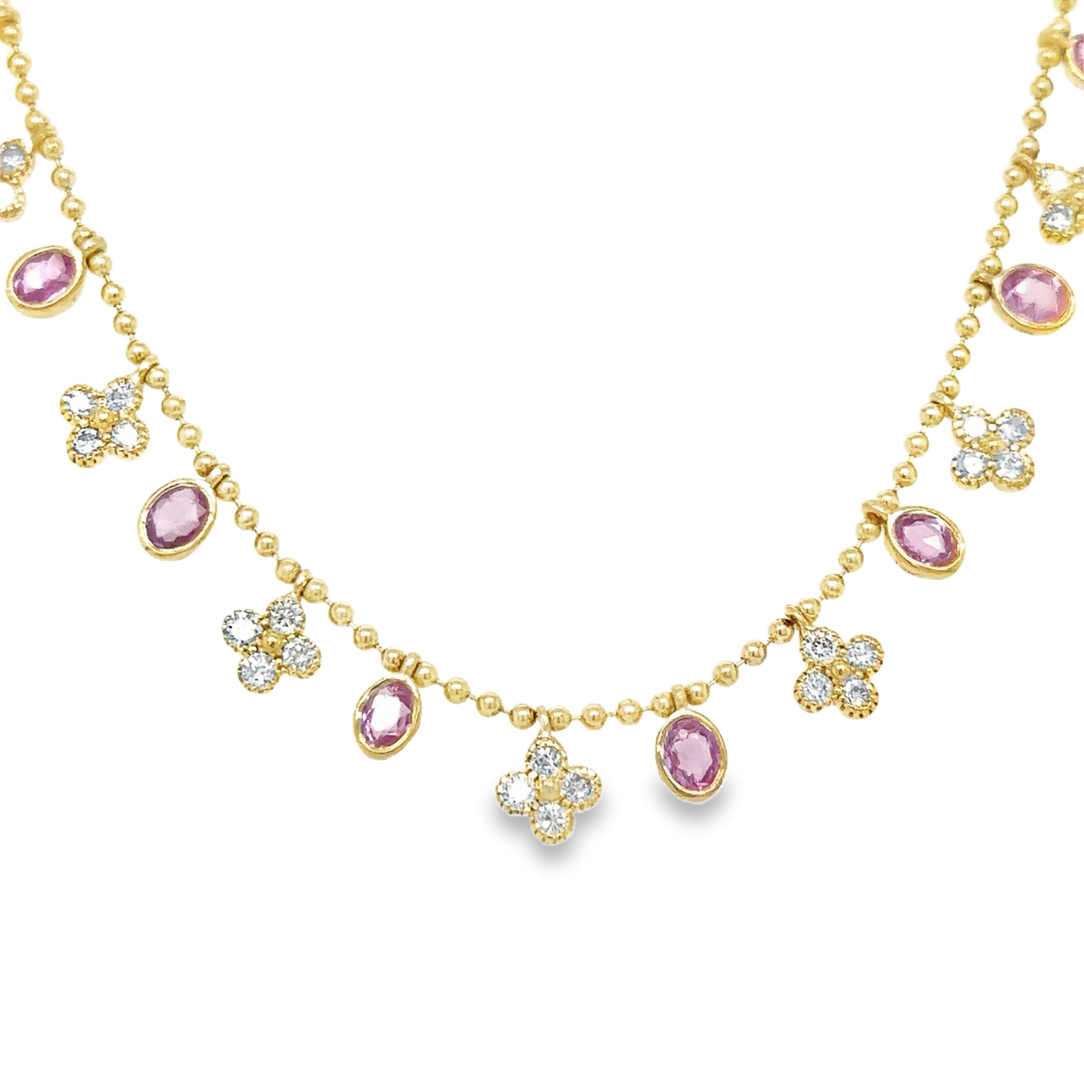 14K Yellow Gold Pink Sapphire & Diamond Clover Dangling Necklace 5.29 TCW