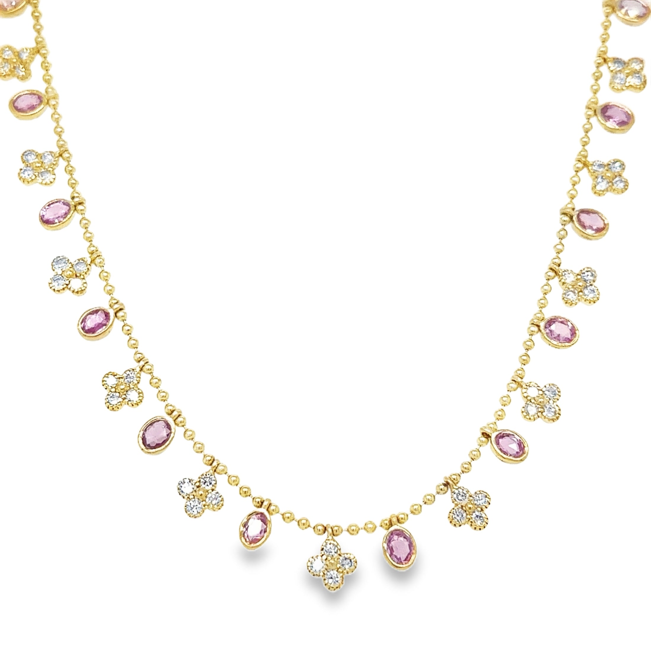 14K Yellow Gold Pink Sapphire & Diamond Clover Dangling Necklace 5.29 TCW