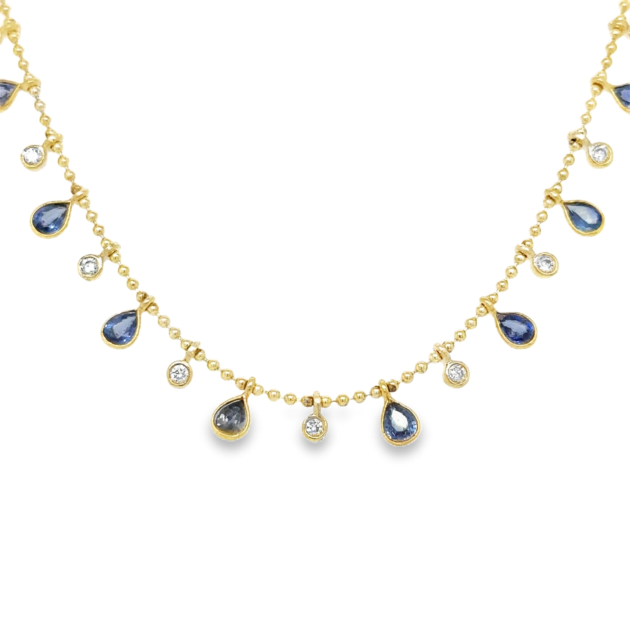 14K Yellow Gold Pear Shape Sapphire & Diamond Dangling Necklace 3.76 TCW