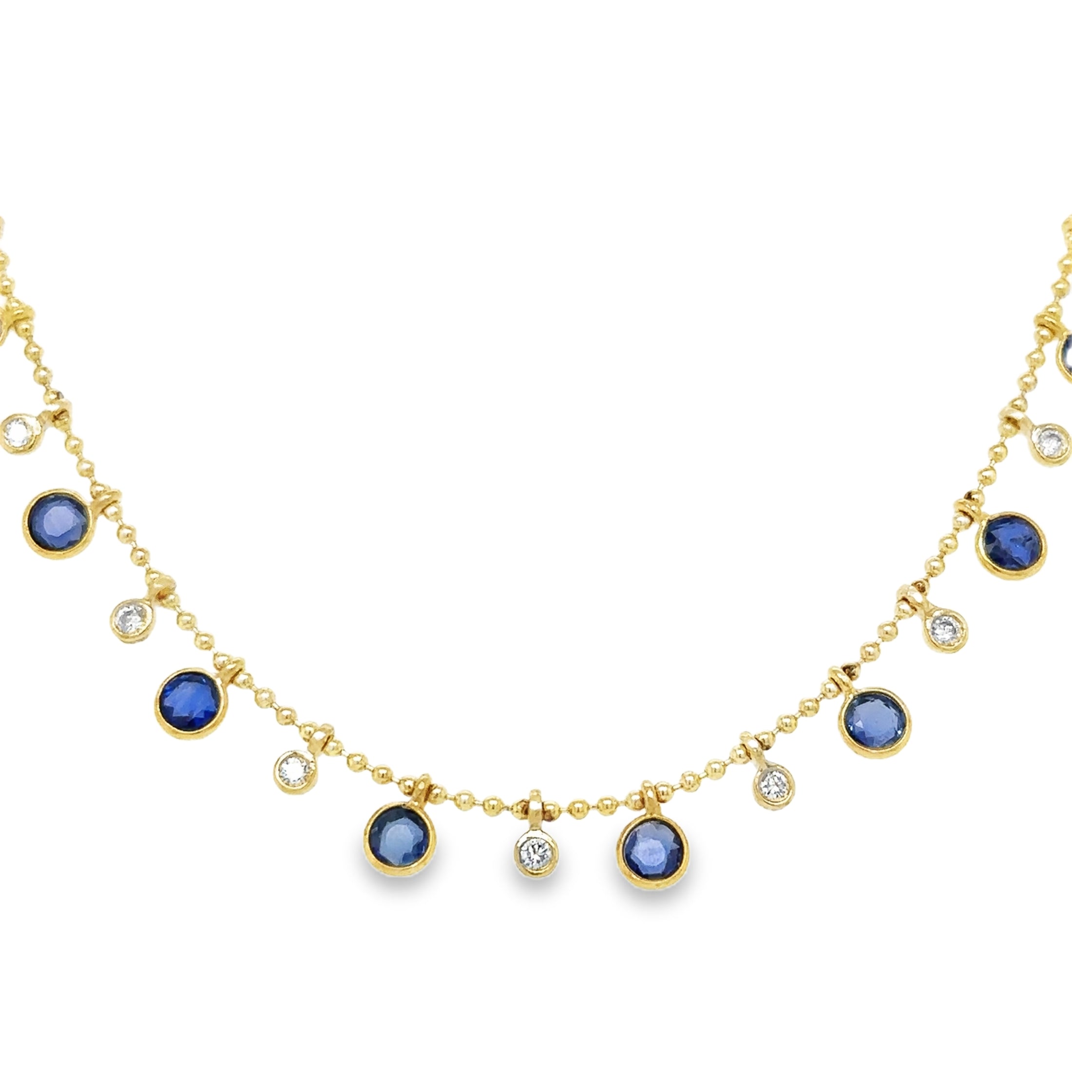 14K Yellow Gold Round Shape Sapphire & Diamond Dangling Necklace 4.56 TCW