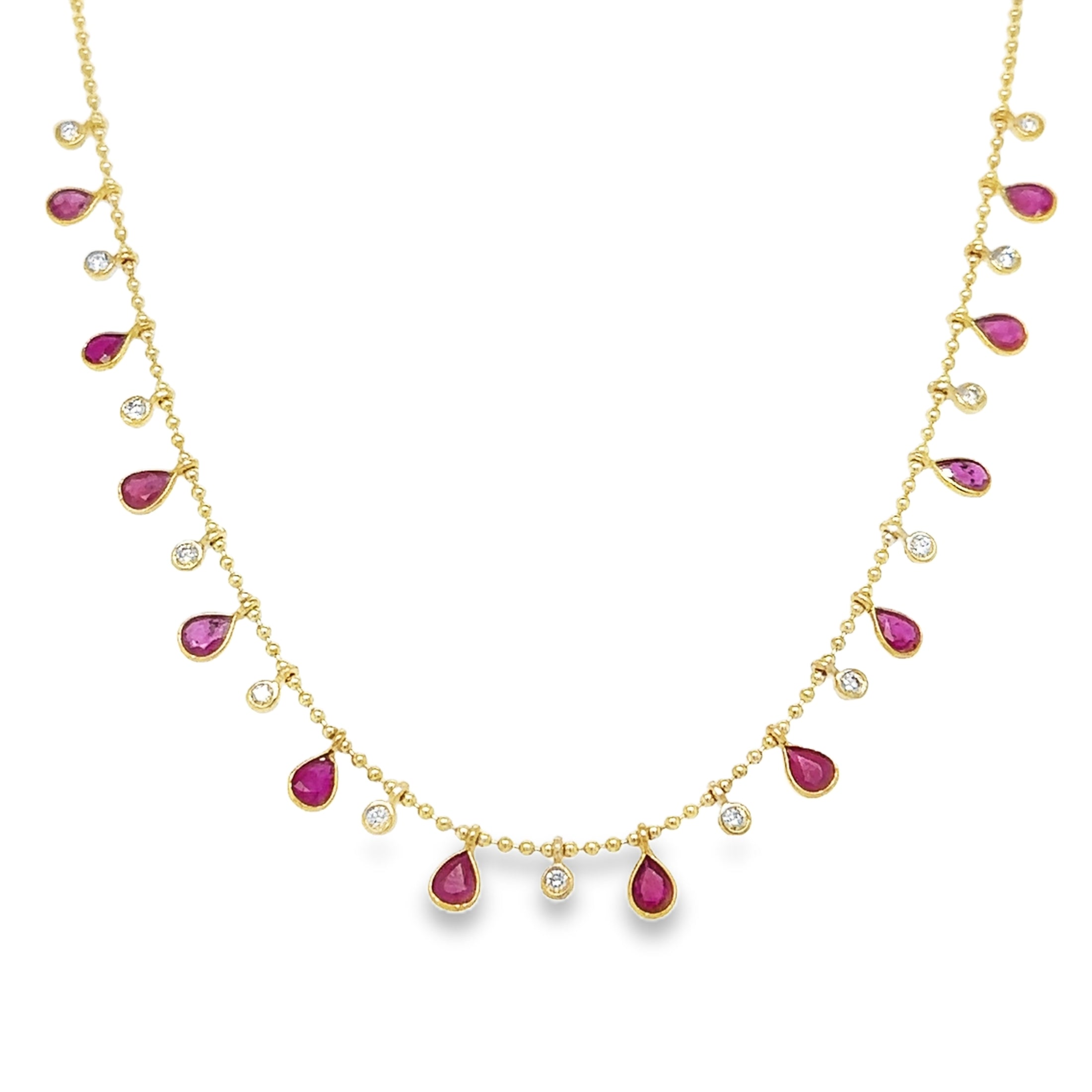 14K Yellow Gold Pear Shape Ruby & Diamond Dangling Necklace 3.76 TCW