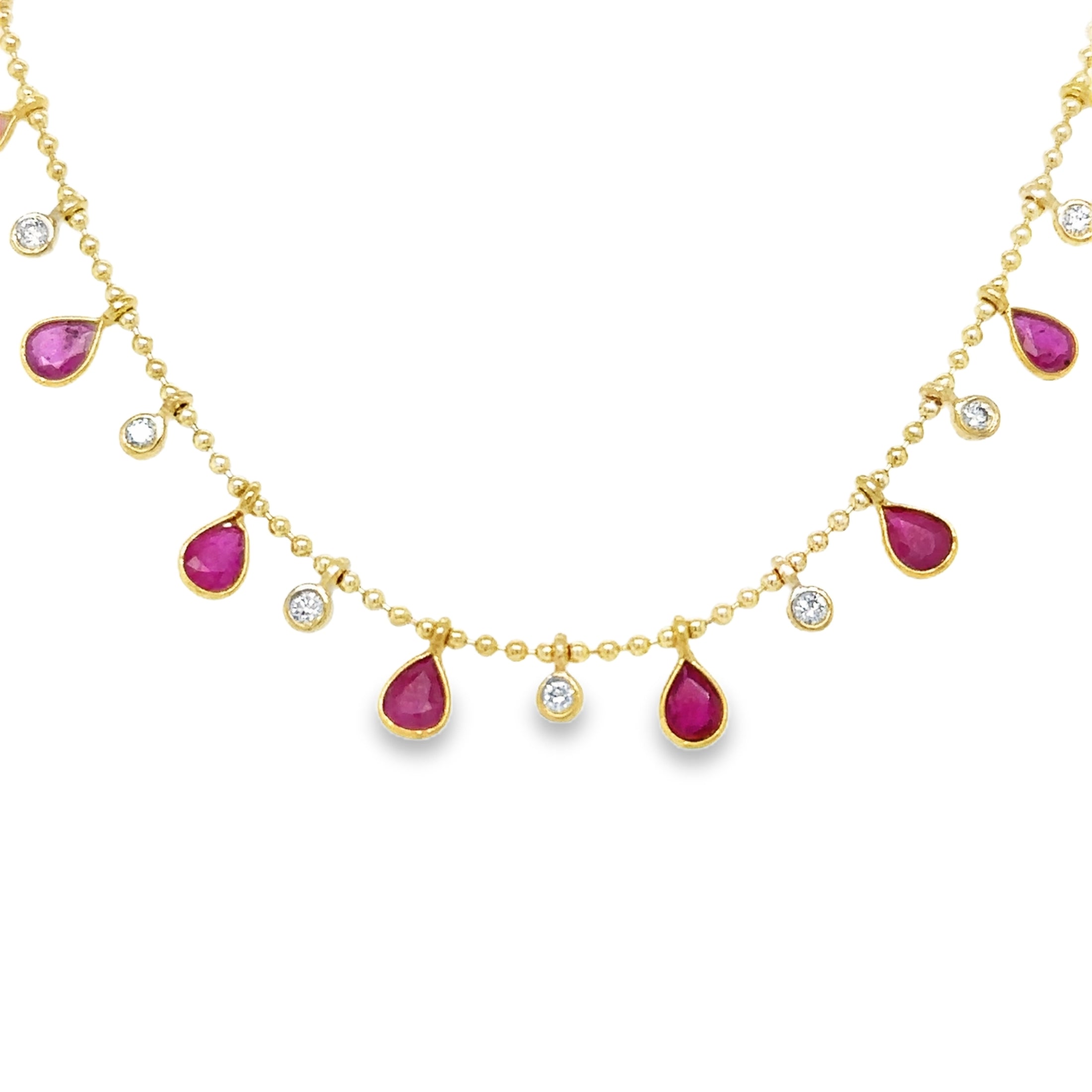 14K Yellow Gold Pear Shape Ruby & Diamond Dangling Necklace 3.76 TCW