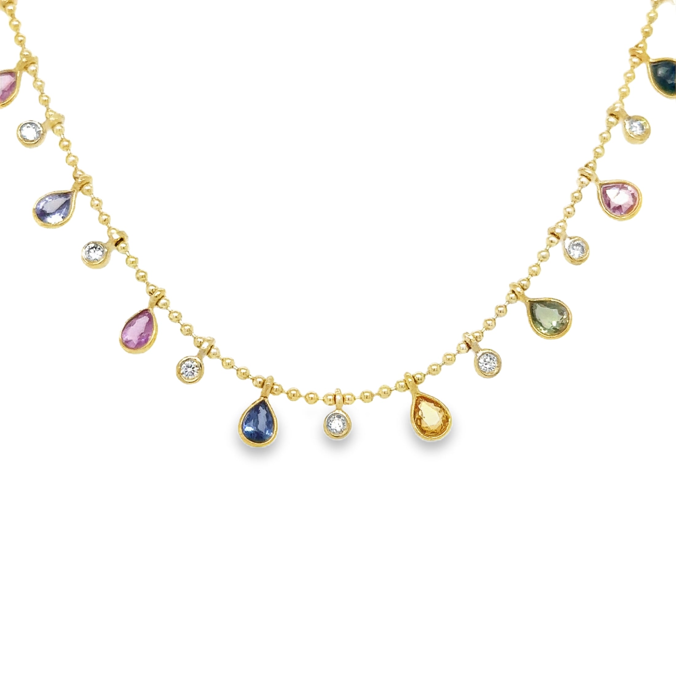 14K Yellow Gold Pear Shape Multi Sapphire & Diamond Dangling Necklace 3.76 TCW