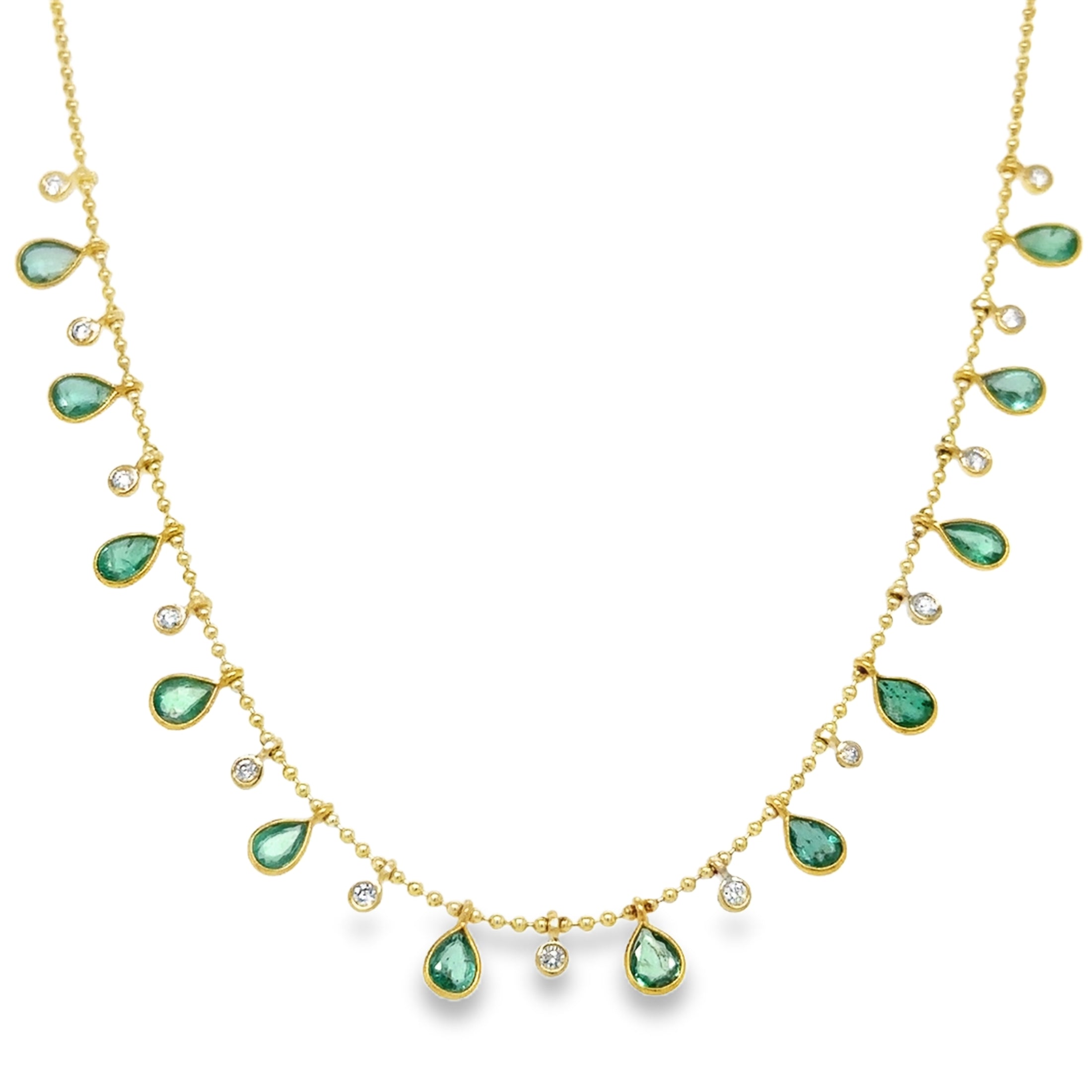 14K Yellow Gold Pear Shape Emerald & Diamond Dangling Necklace 4.26 TCW