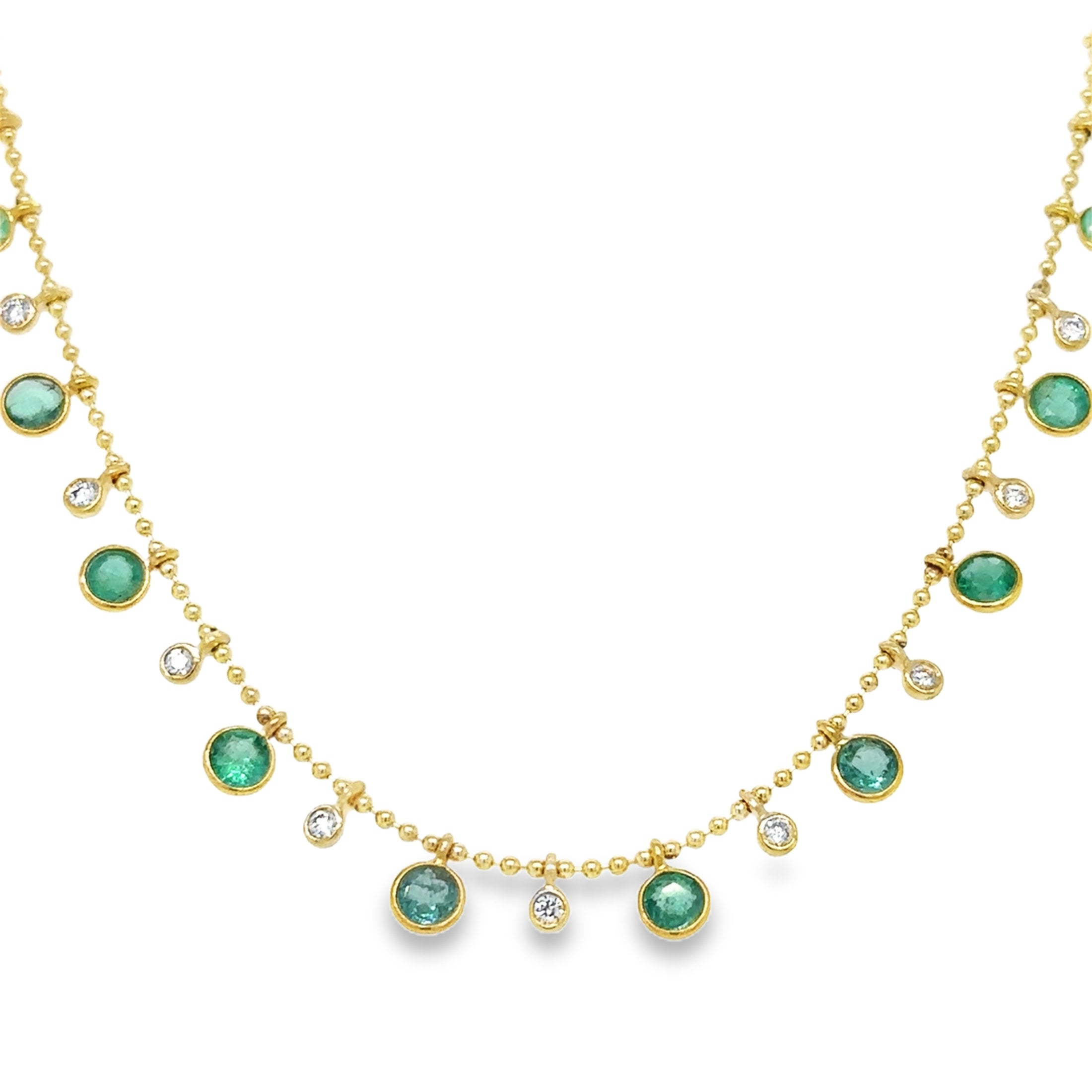 14K Yellow Gold Round Shape Emerald & Diamond Dangling Necklace 4.26 TCW