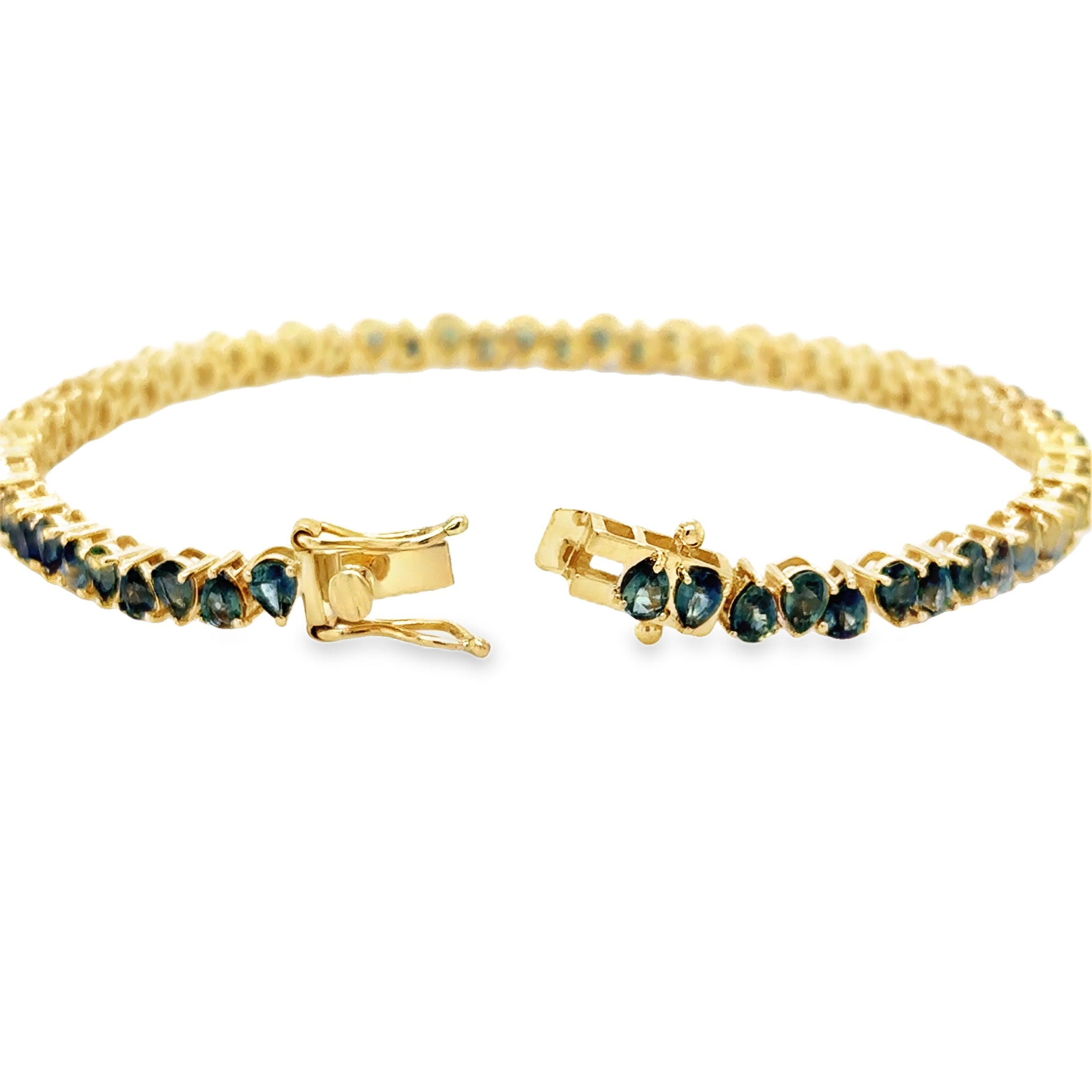 Pulsera De Zafiro Verde/Azul En Forma De Pera De Oro Amarillo De 14 K De 7", 8.40CT