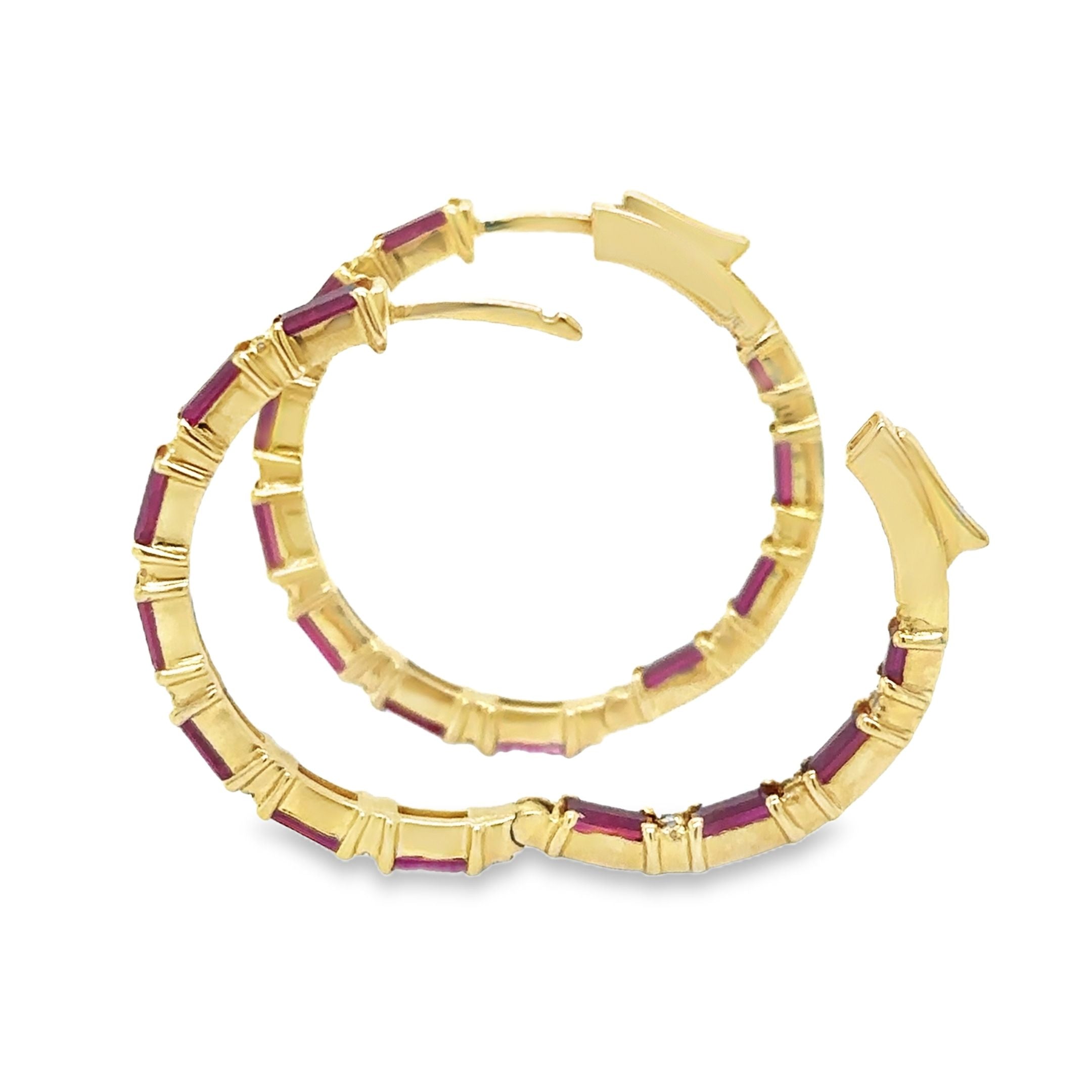 14K Yellow Gold Ruby & Diamond Hoop Earring 3.09 TCW