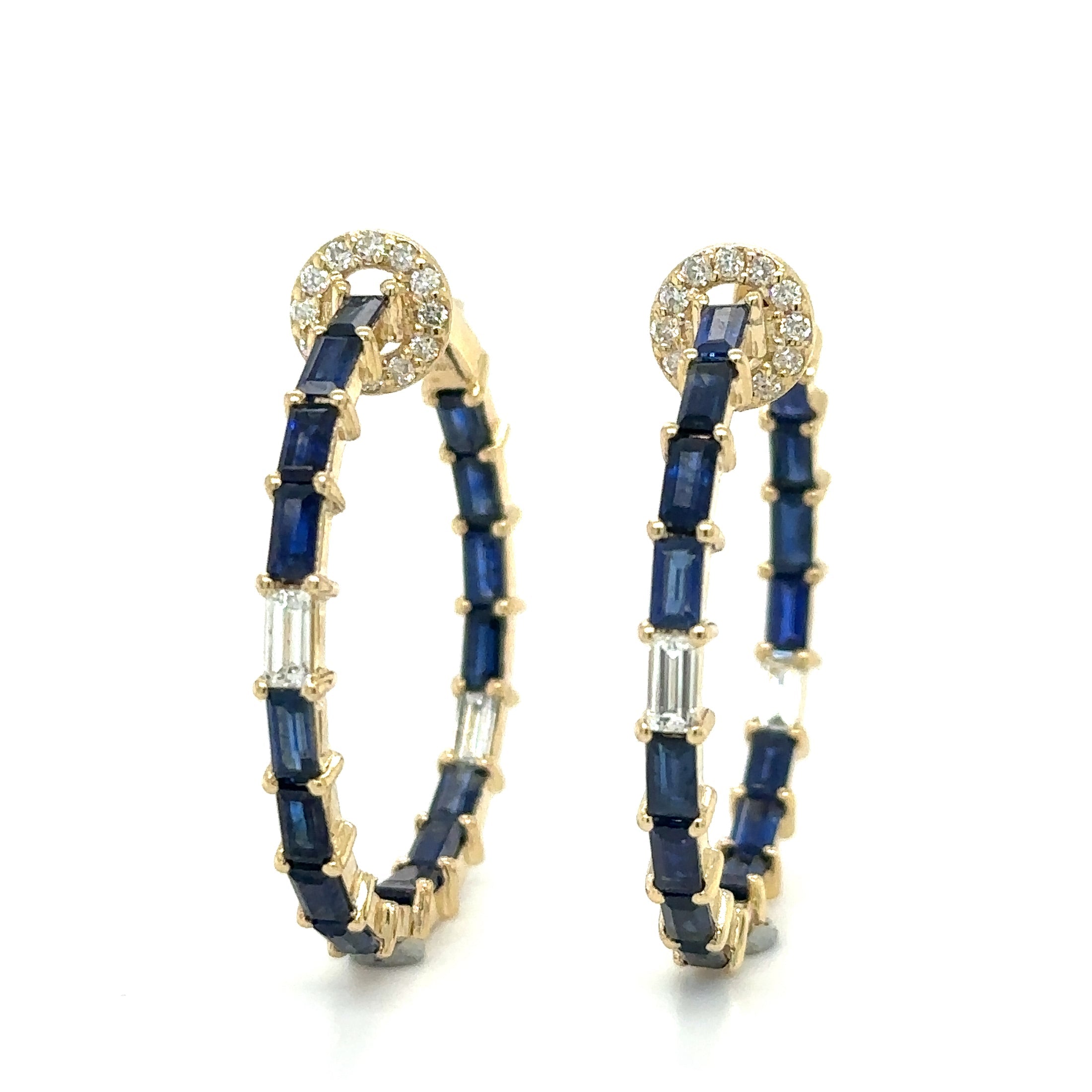 14K Yellow Gold Sapphire & Diamonds Hoop Earing 5.95 TCW