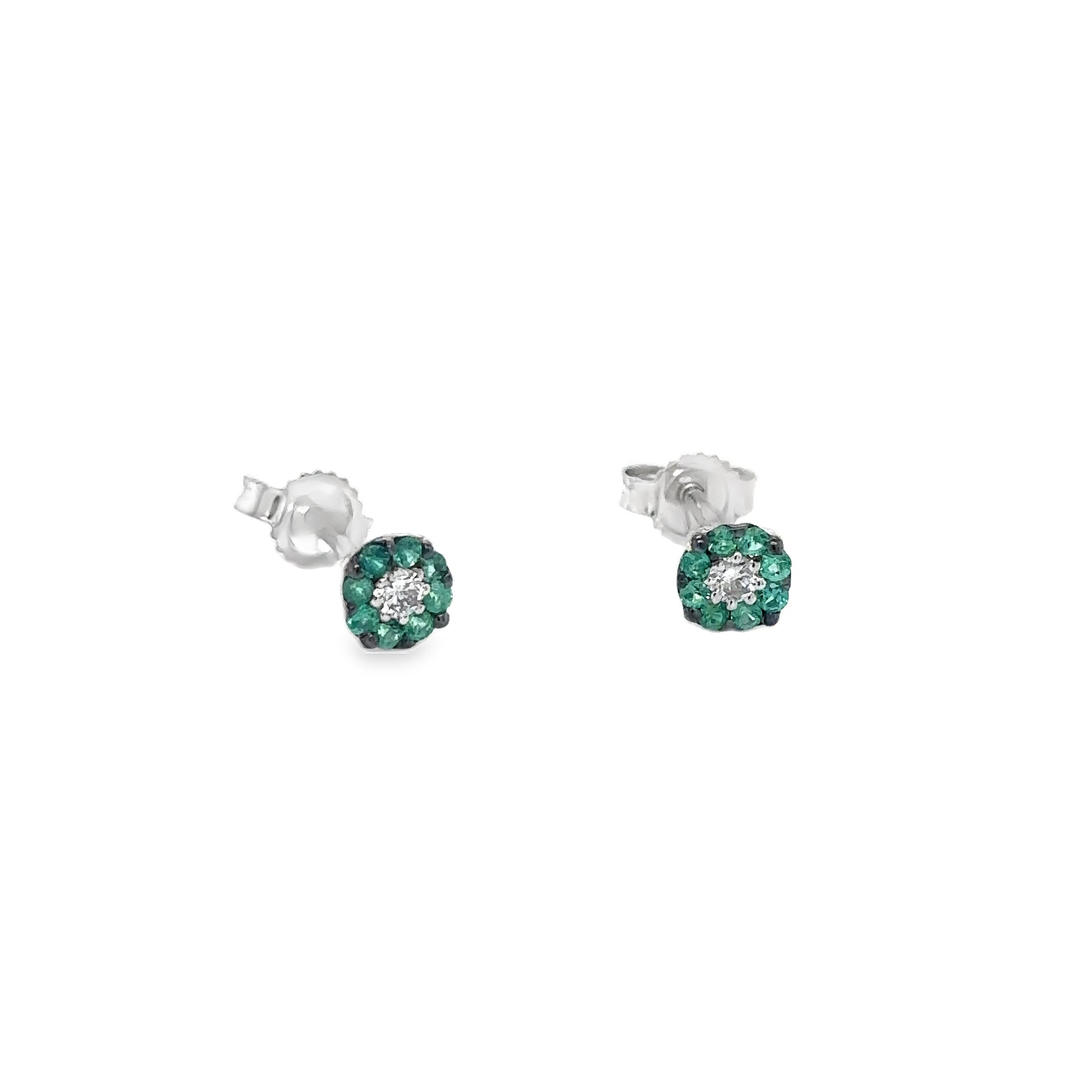 14K White Gold Emerald & Diamond Earring 0.28 TCW