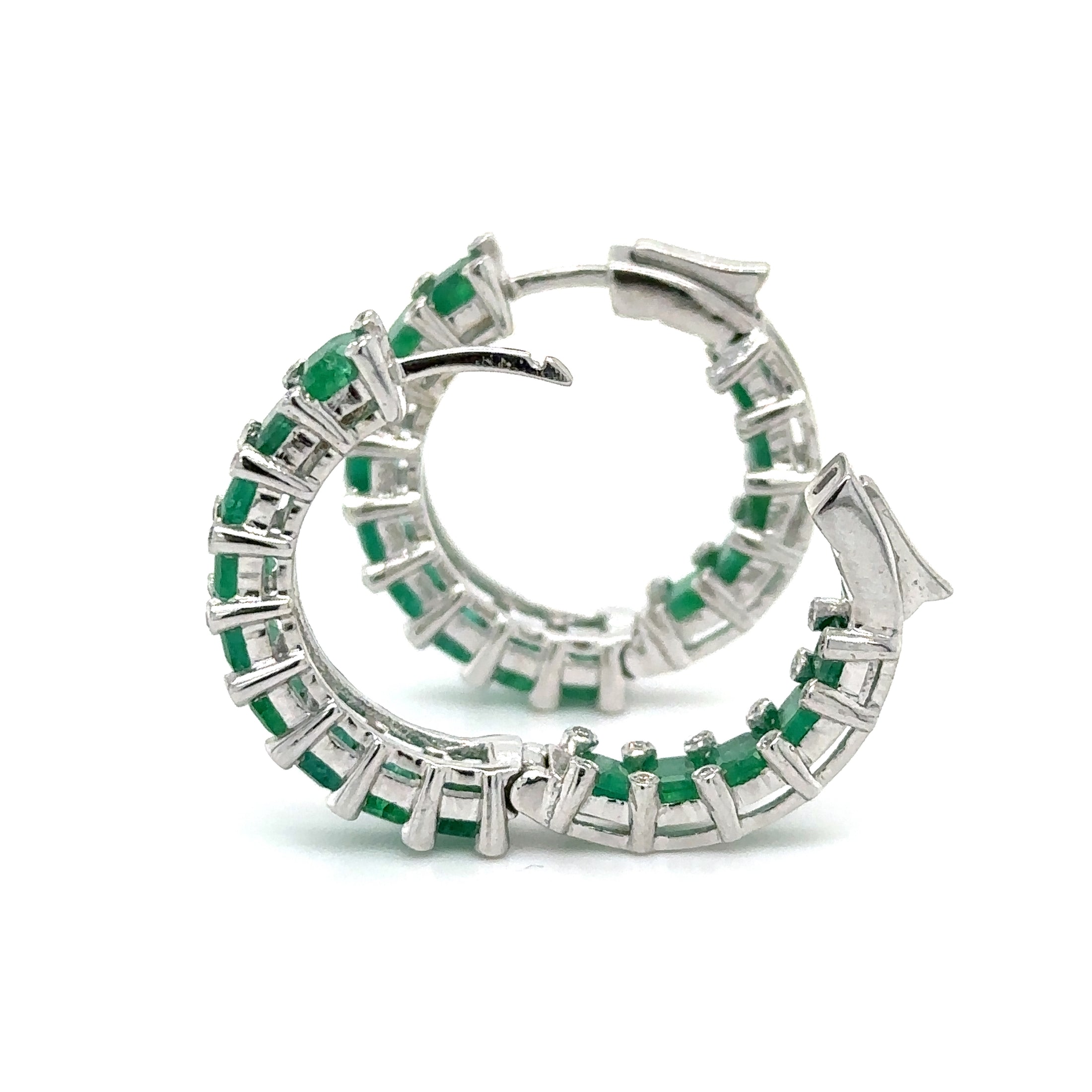 14K White Gold Emerald & Diamond Hoop Earring 5.95 TCW