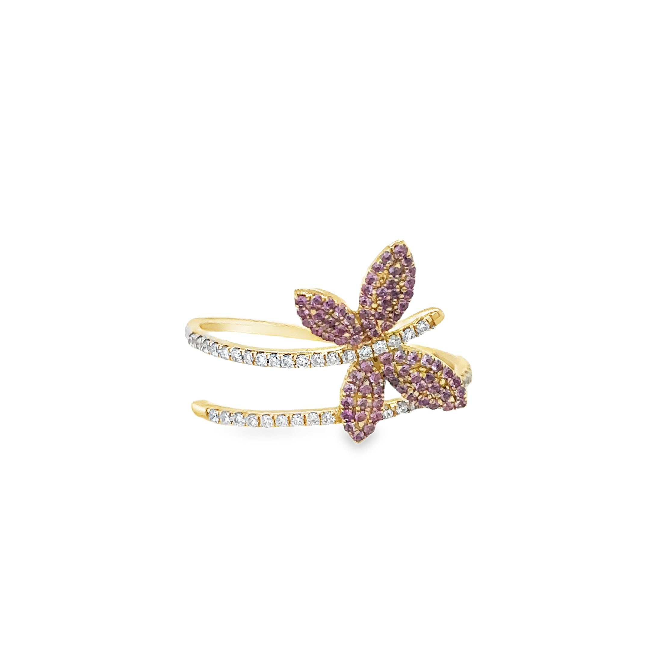 14K Yellow Gold Pink Sapphire & Diamonds Butterfly Ring 0.38 TCW