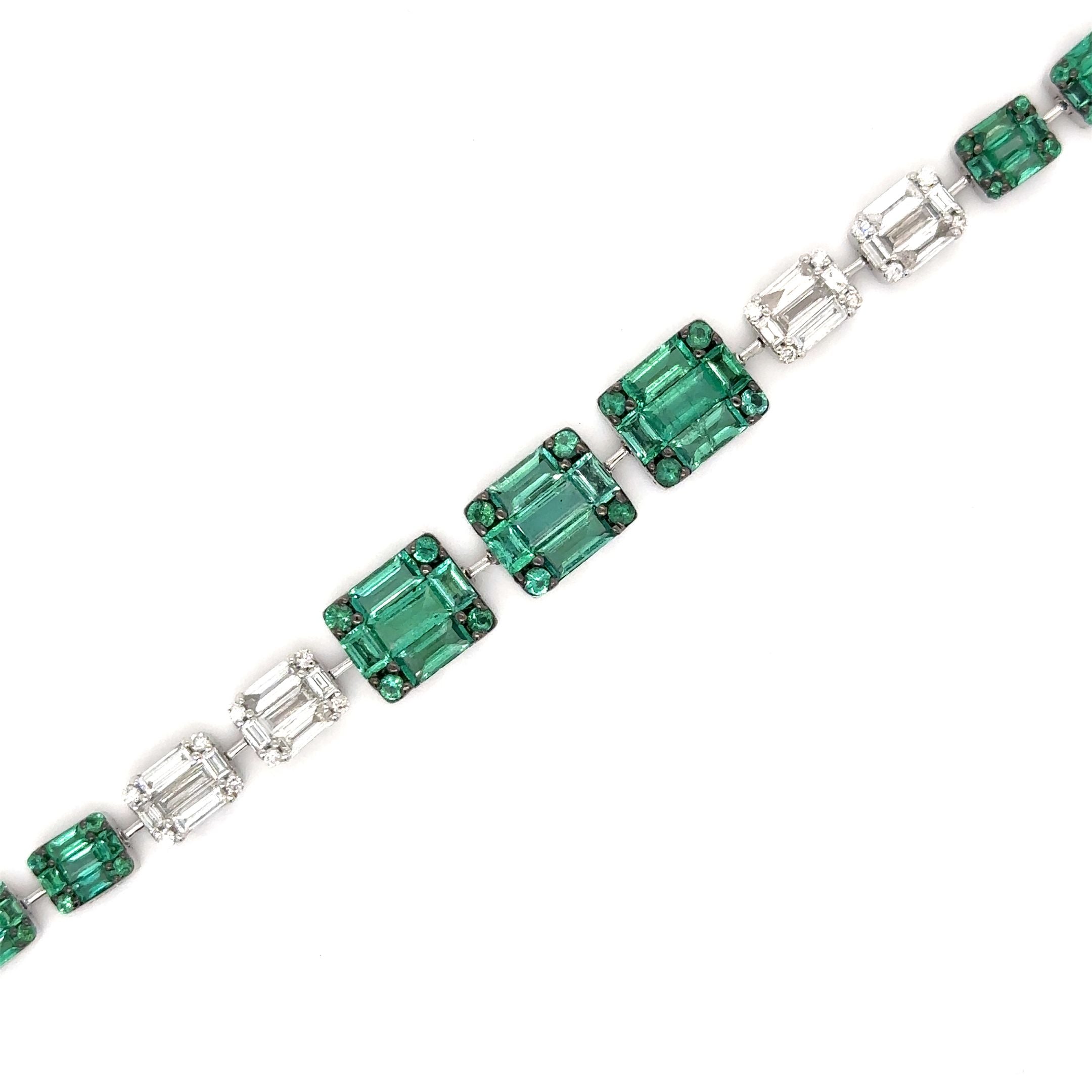 18K White Gold Emerald & Diamonds Tennis Bracelet 6.69 TCW