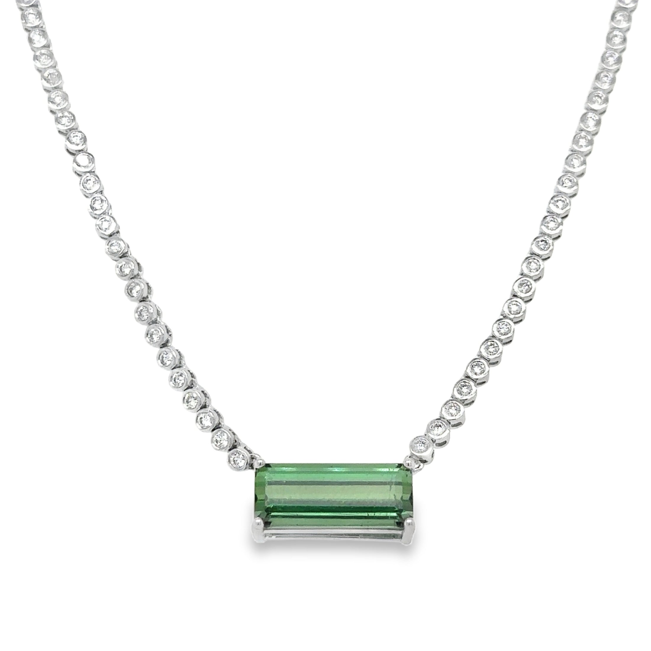 14K White Gold Green Turmalina Pendant & Diamond Bezel Tennis Necklace  6.99 TCW