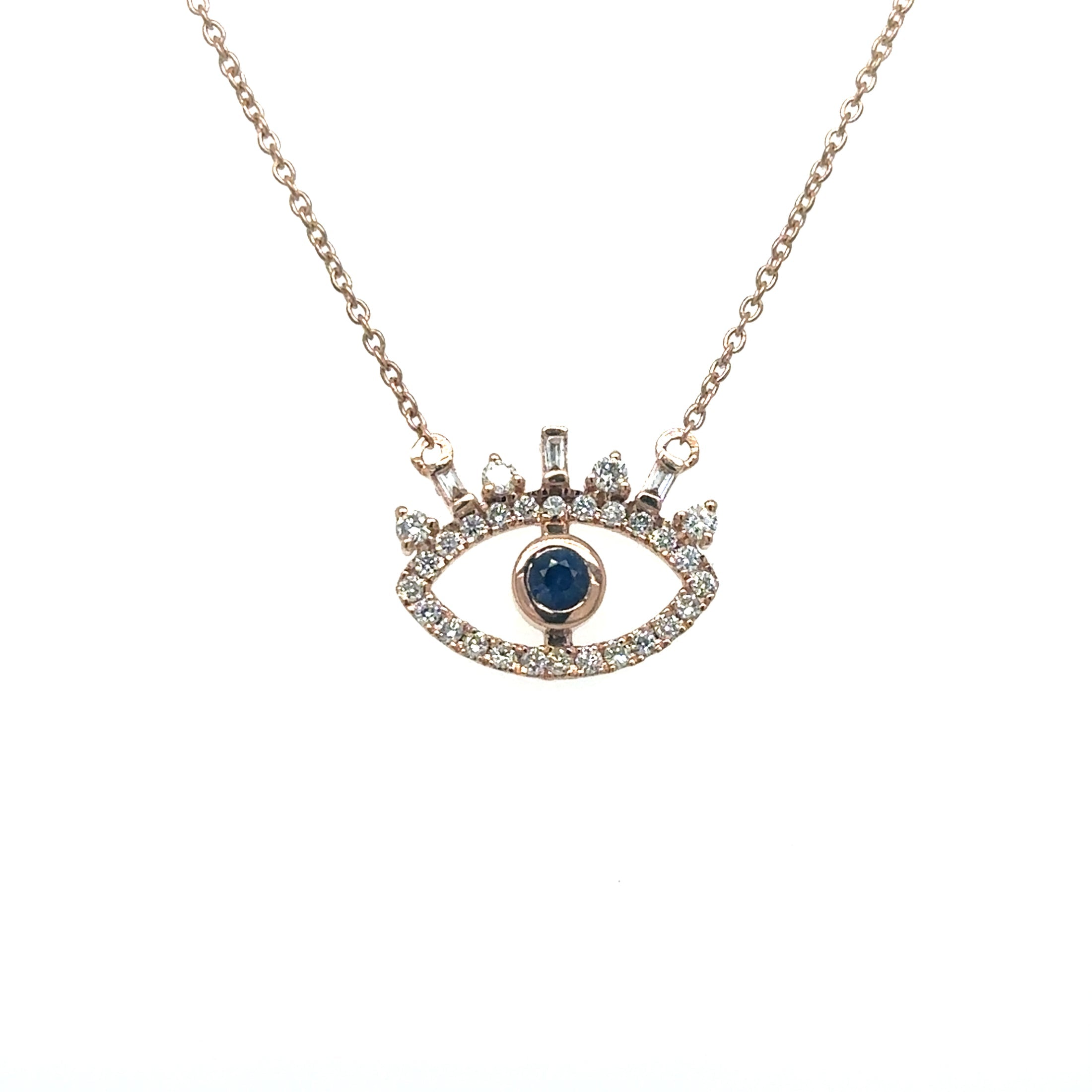 14K Rose Gold Diamond Evil Eye Blue Sapphire Necklace  0.33 TCW