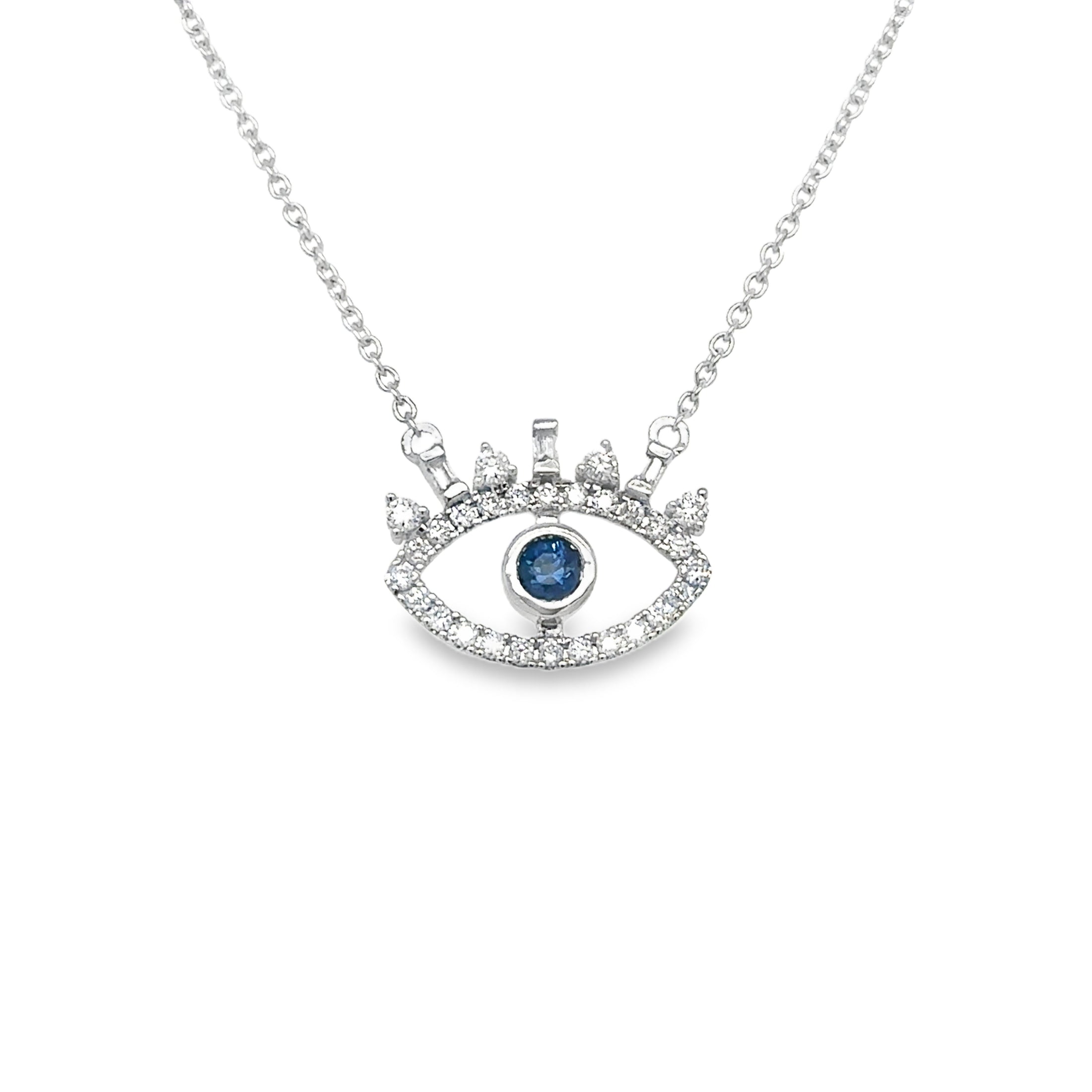 14K White Gold Diamond Evil Eye Blue Sapphire Necklace  0.33 TCW