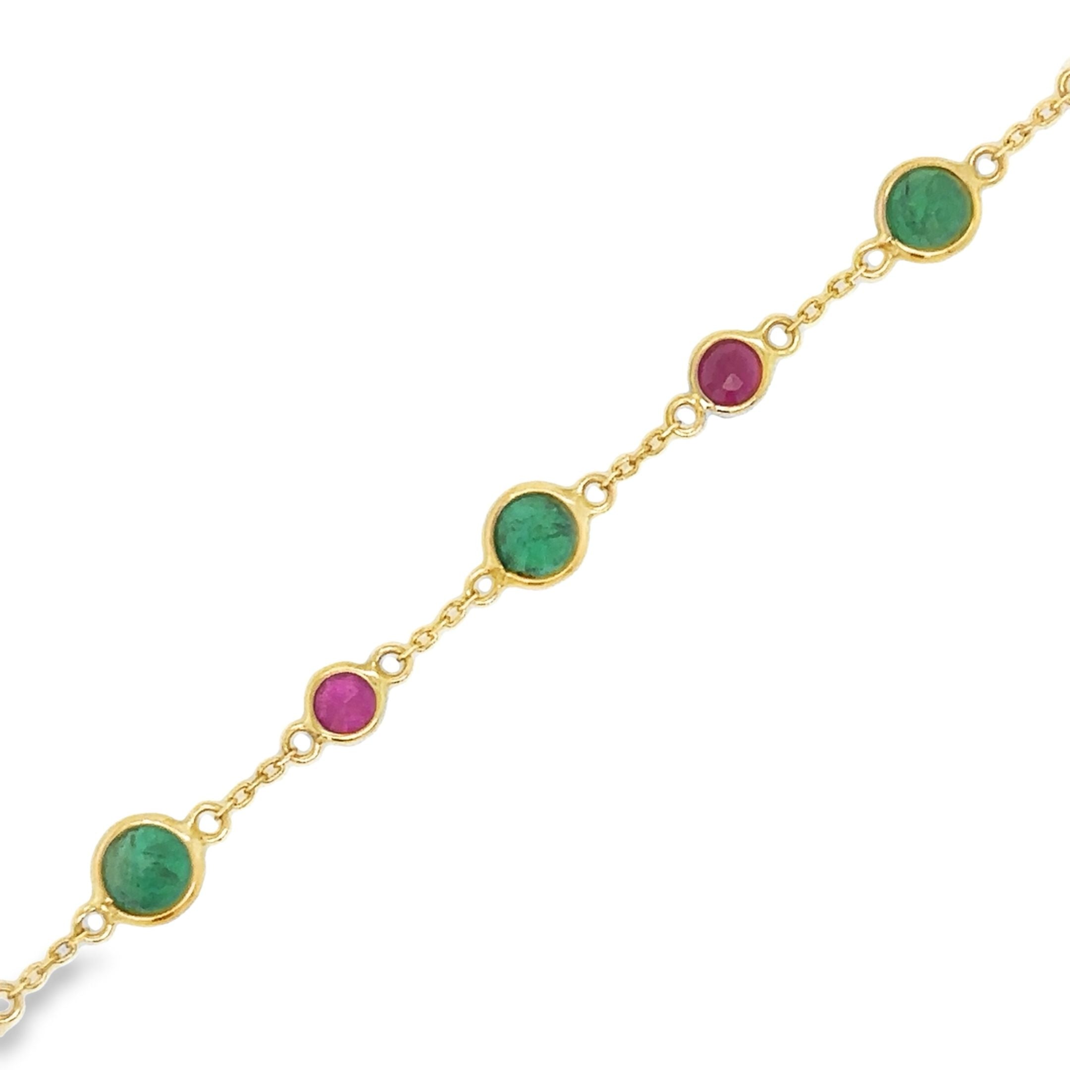 Pulsera Estación De Rubí Y Esmeralda En Oro Amarillo De 18 K De 7", 2.94CT