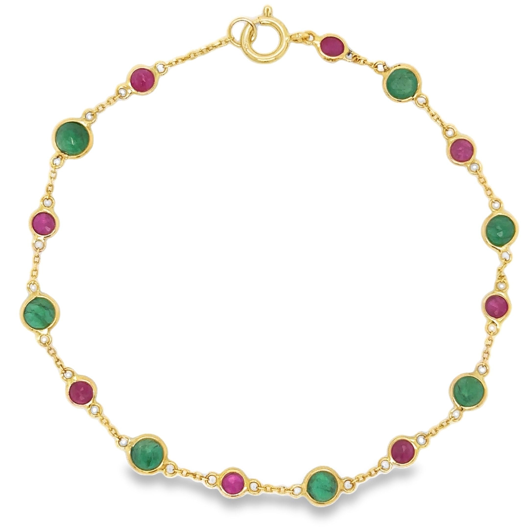 Pulsera Estación De Rubí Y Esmeralda En Oro Amarillo De 18 K De 7", 2.94CT