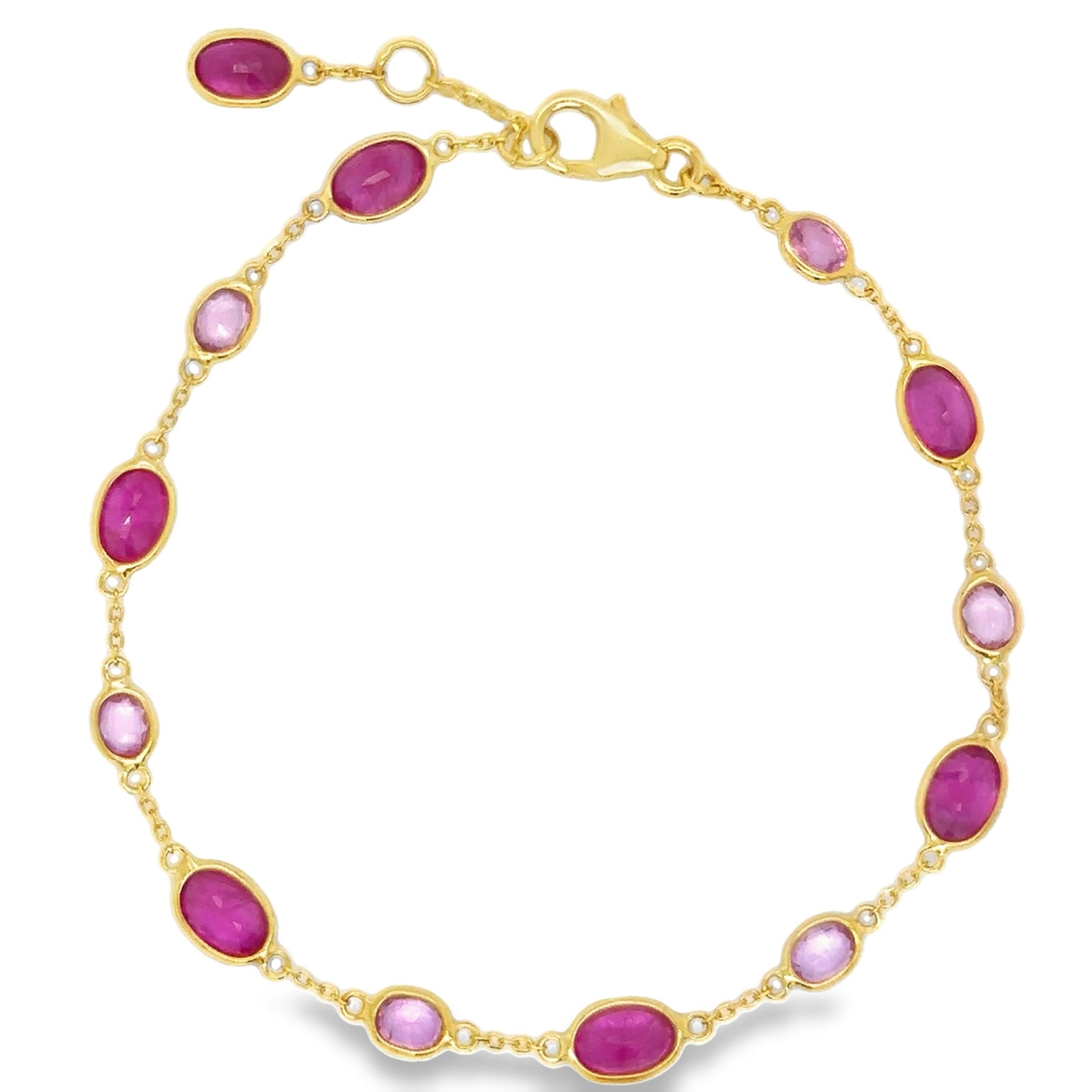 Pulsera Estación De Oro Amarillo De 18 K Con Rubíes Y Zafiro Rosa De 7", 4.58CT