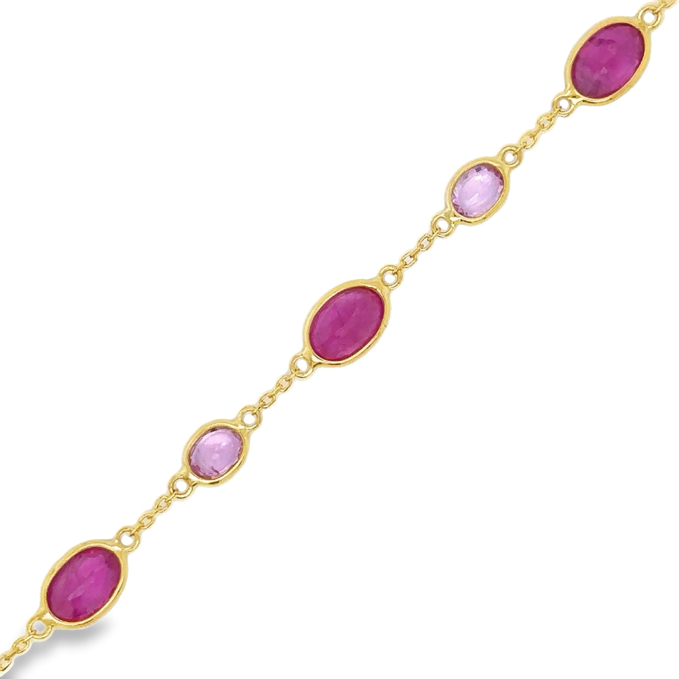 Pulsera Estación De Oro Amarillo De 18 K Con Rubíes Y Zafiro Rosa De 7", 4.58CT