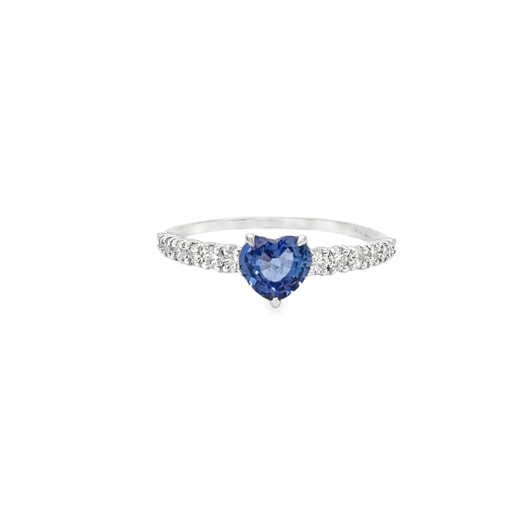 18K White Gold Heart Blue Sapphire & Diamonds Ring 1.54 TCW