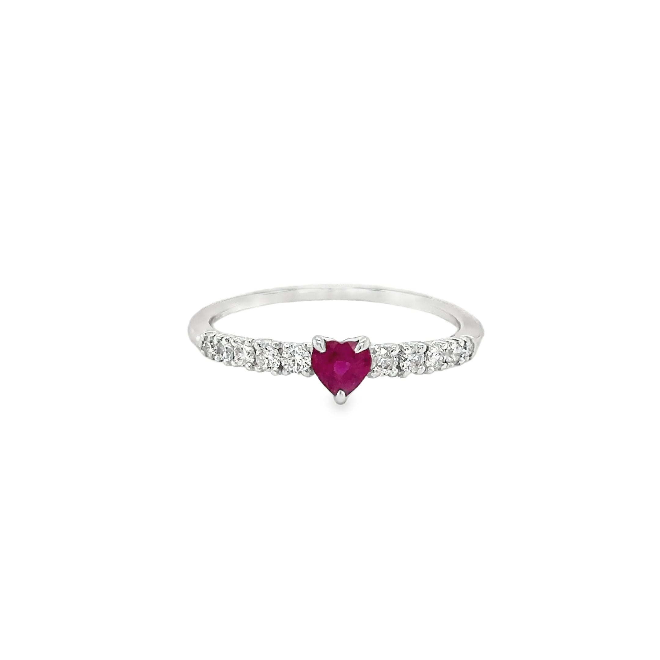 18K White Gold Heart Ruby & Diamonds Ring 0.49 TCW