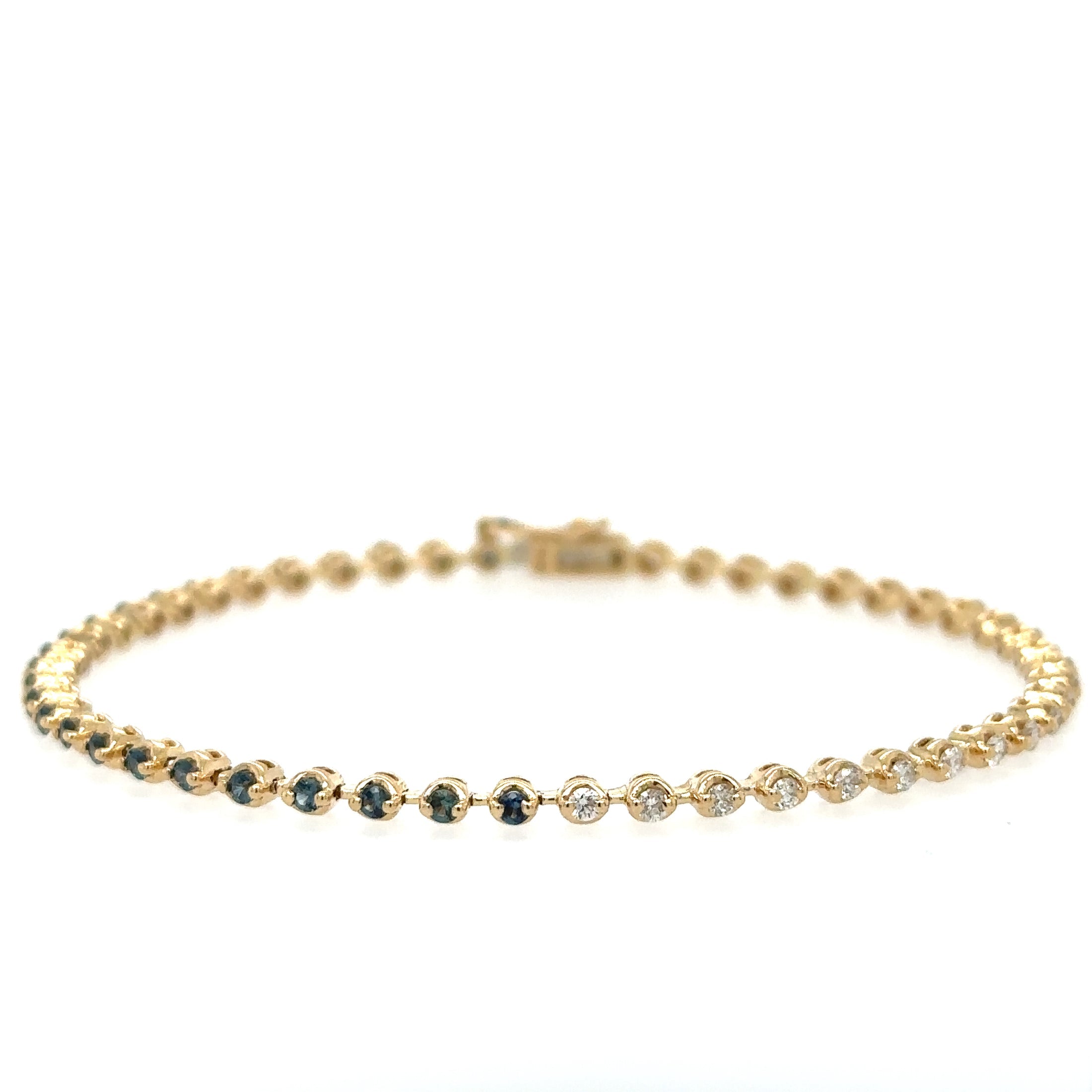 14K Yellow Gold Diamonds Blue Sapphire Tennis Bracelet  1.31 TCW