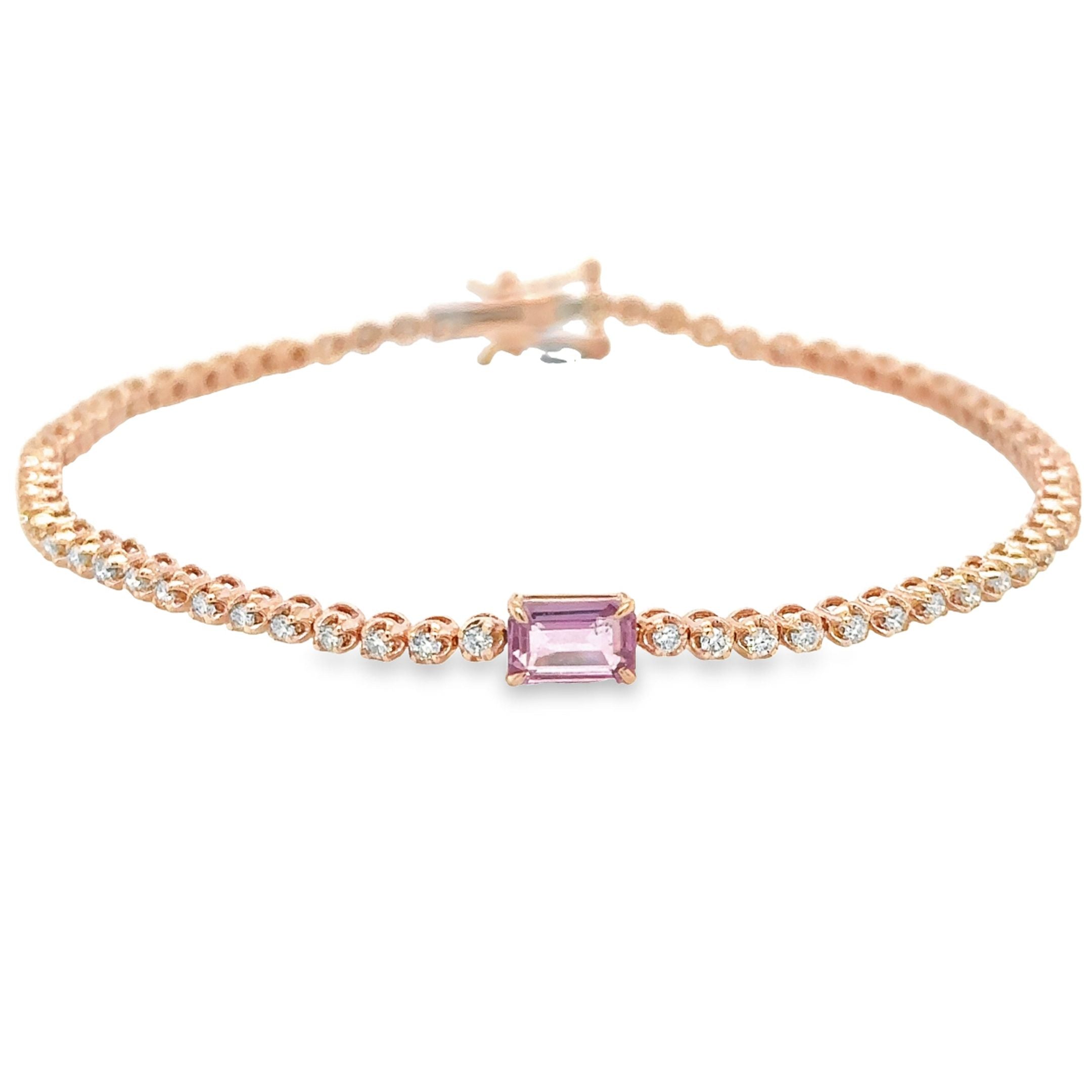 14K Rose Gold Pink Sapphire Oct With Diamond Tennis Bracelet  1.42 TCW