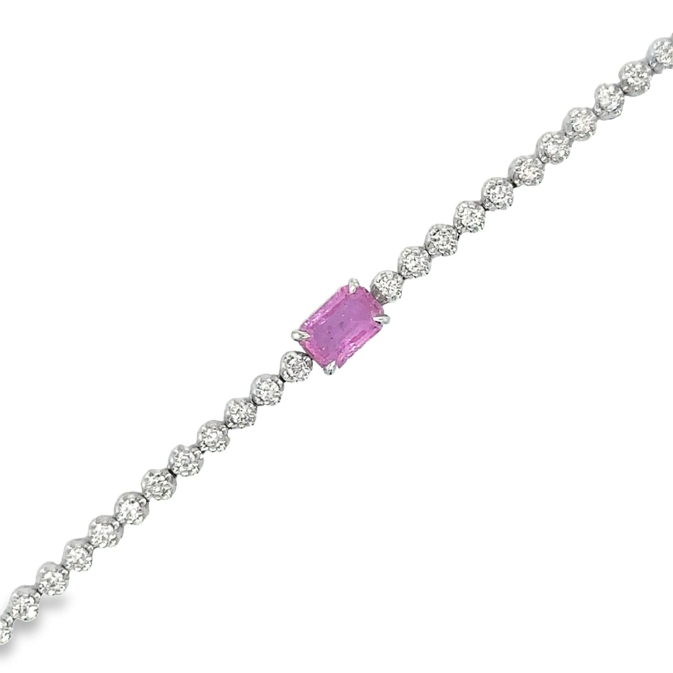 14K White Gold Pink Sapphire Oct With Diamond Tennis Bracelet  1.47 TCW