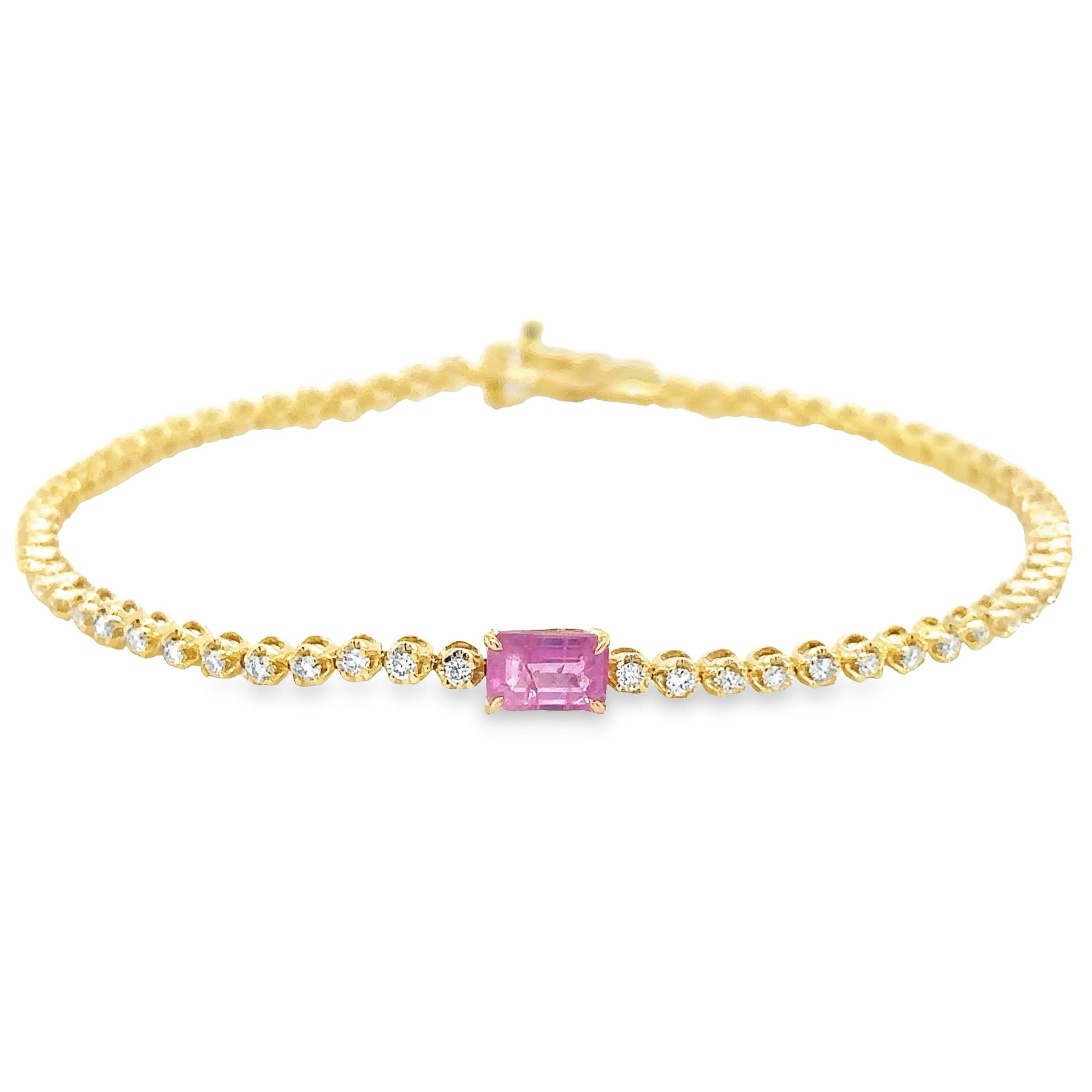 14K Yellow Gold Pink Sapphire Oct With Diamond Tennis Bracelet  1.42 TCW