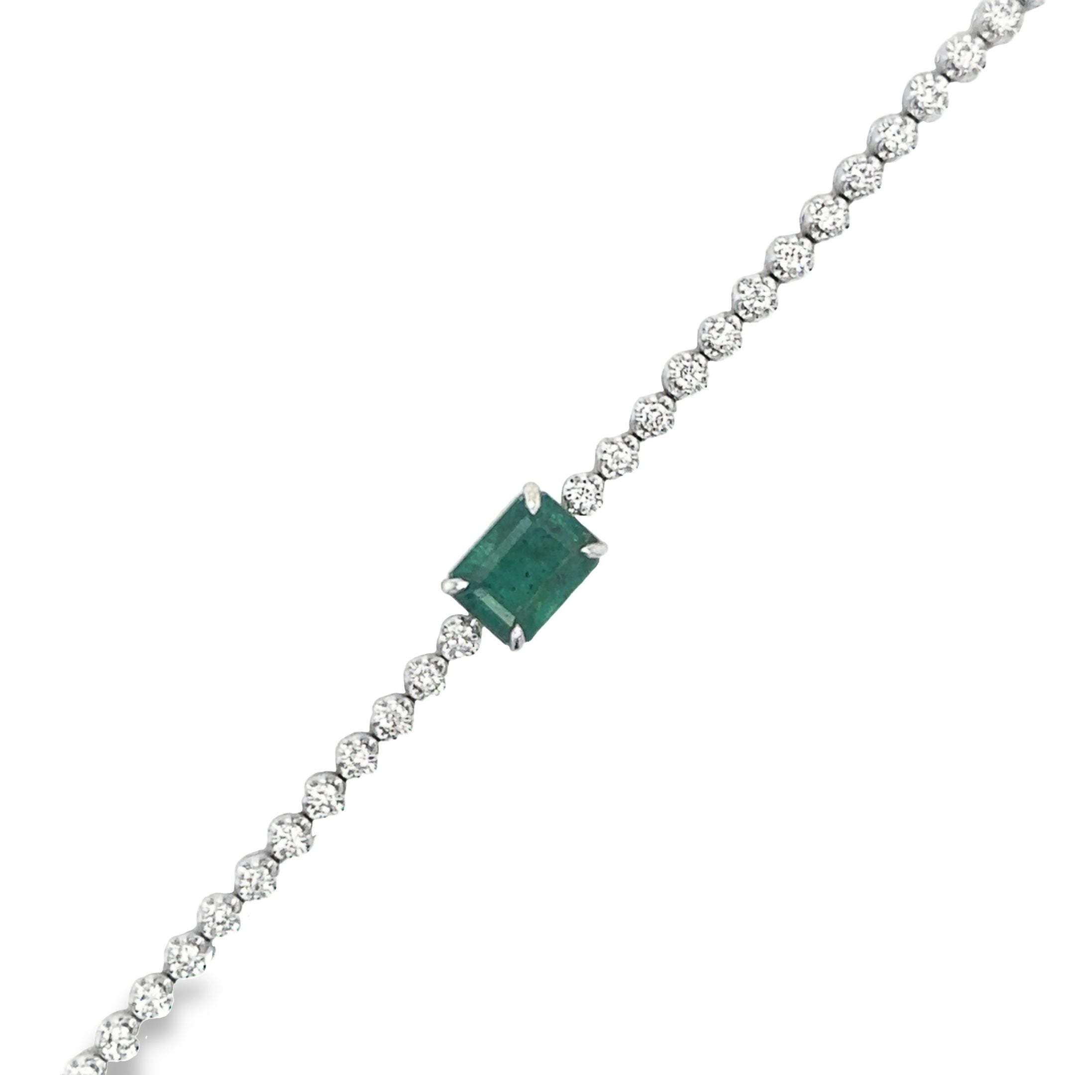 14K White Gold Emerald Oct With Diamond Tennis Bracelet  2.39 TCW