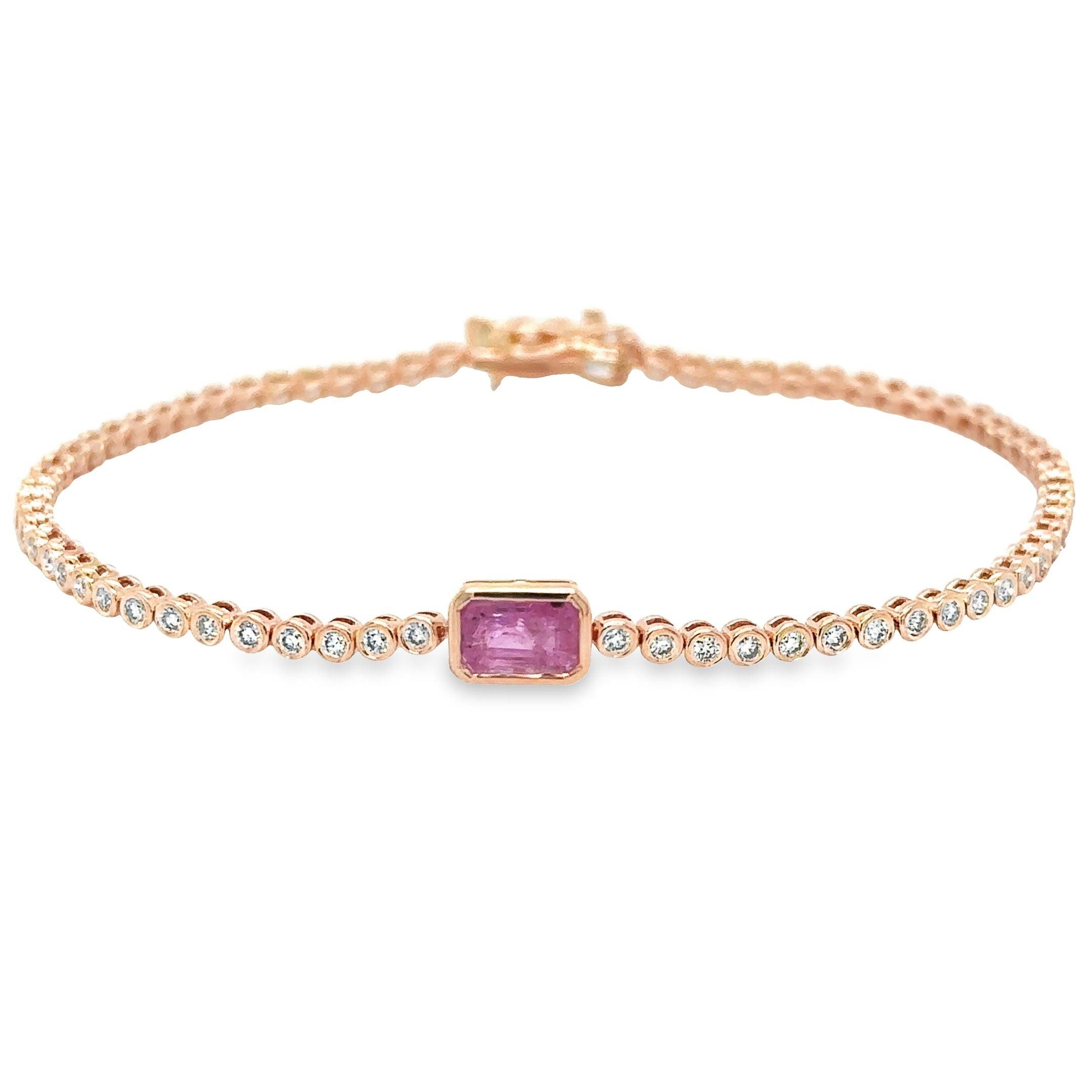 14K Rose Gold Pink Sapphire Oct With Diamond Tennis Bracelet  1.53 TCW