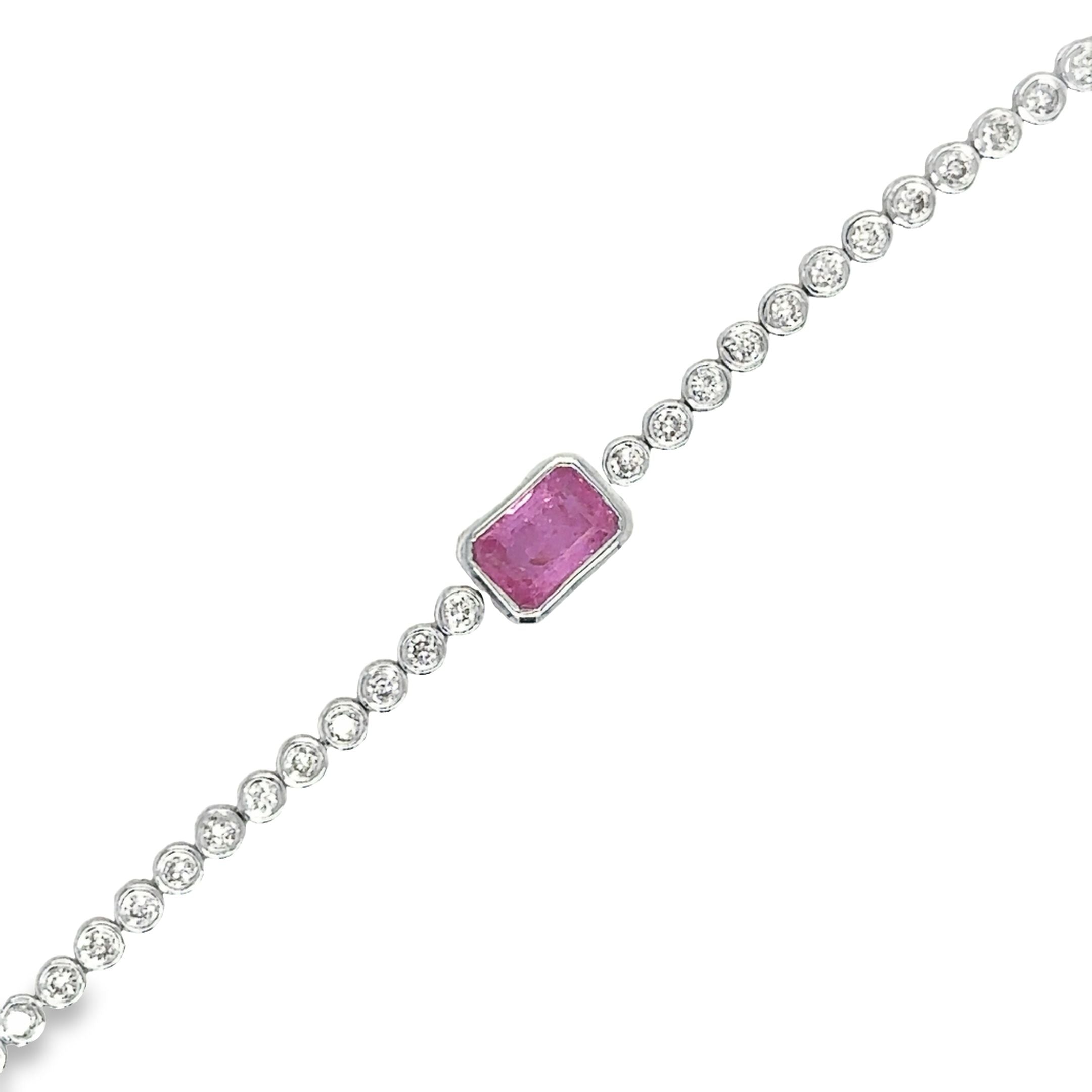 14K White Gold Pink Sapphire Oct With Diamond Tennis Bracelet  1.53 TCW