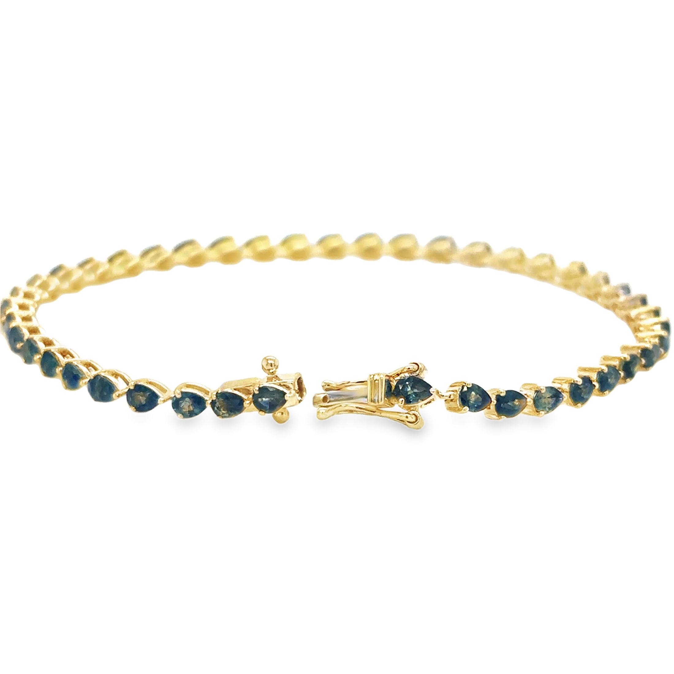 Pulsera De Zafiro Verde/Azul En Forma De Pera De Oro Amarillo De 14 K De 7", 5.52CT