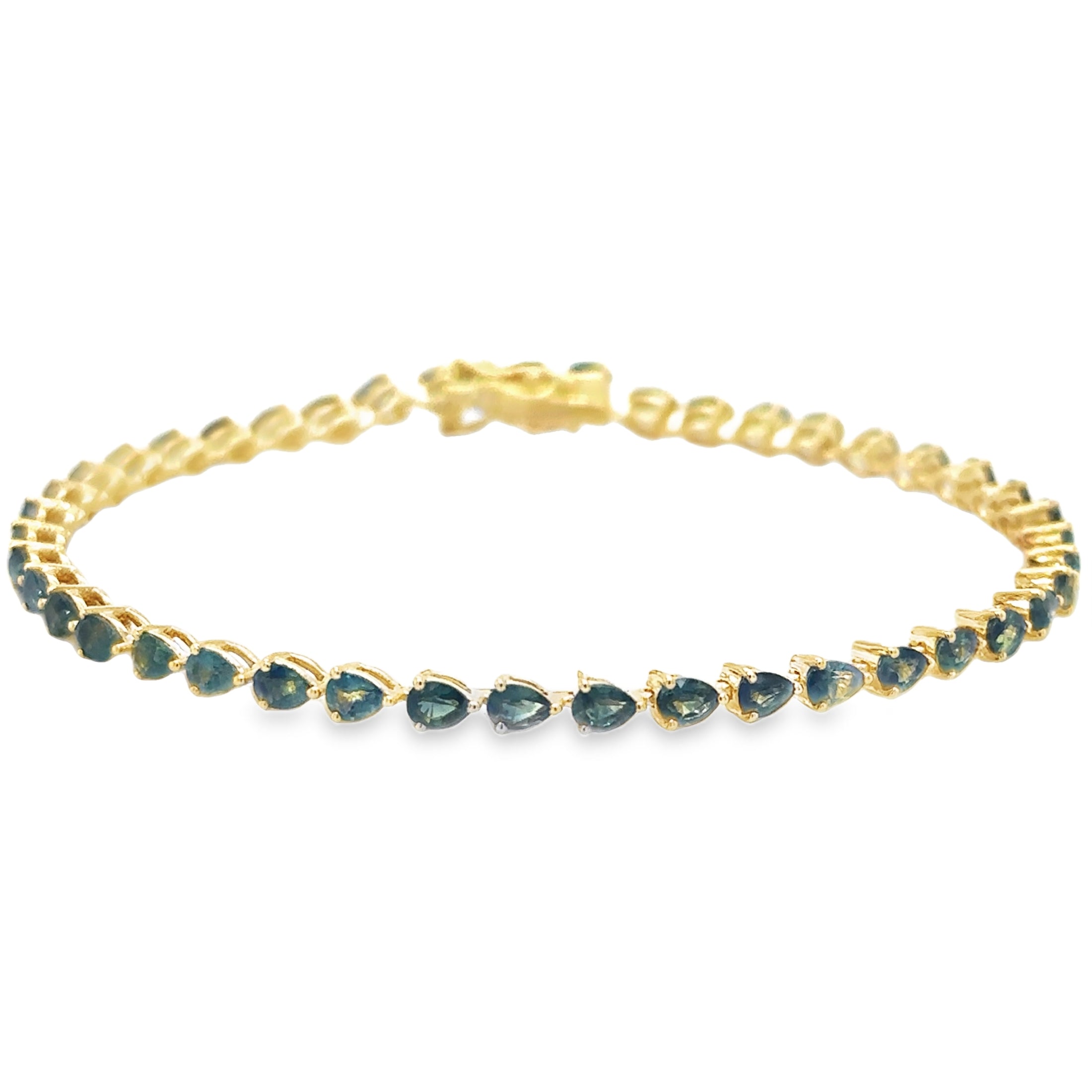 Pulsera De Zafiro Verde/Azul En Forma De Pera De Oro Amarillo De 14 K De 7", 5.52CT