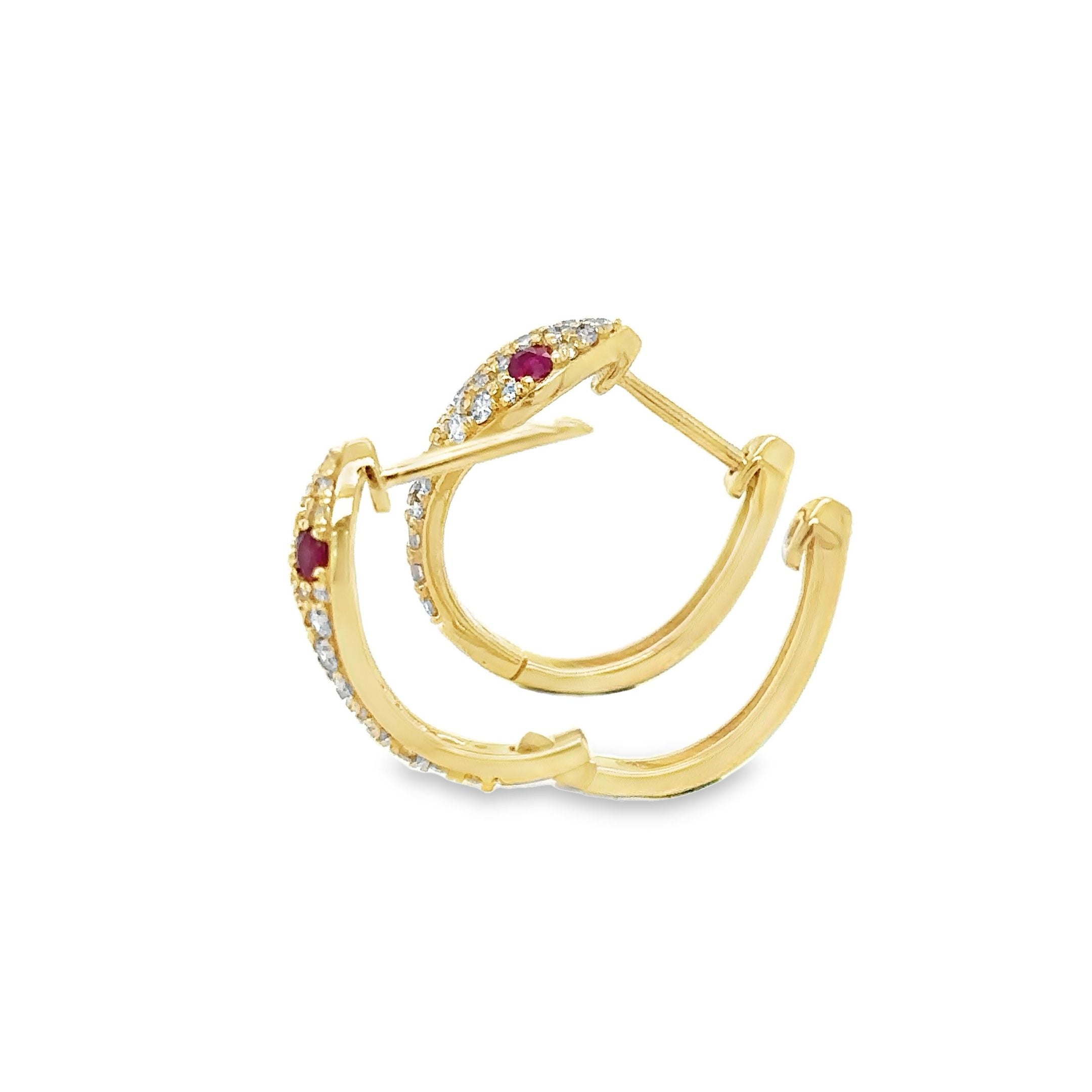 14K Yellow Gold Ruby & Diamonds Snake Huggies 0.63 TCW