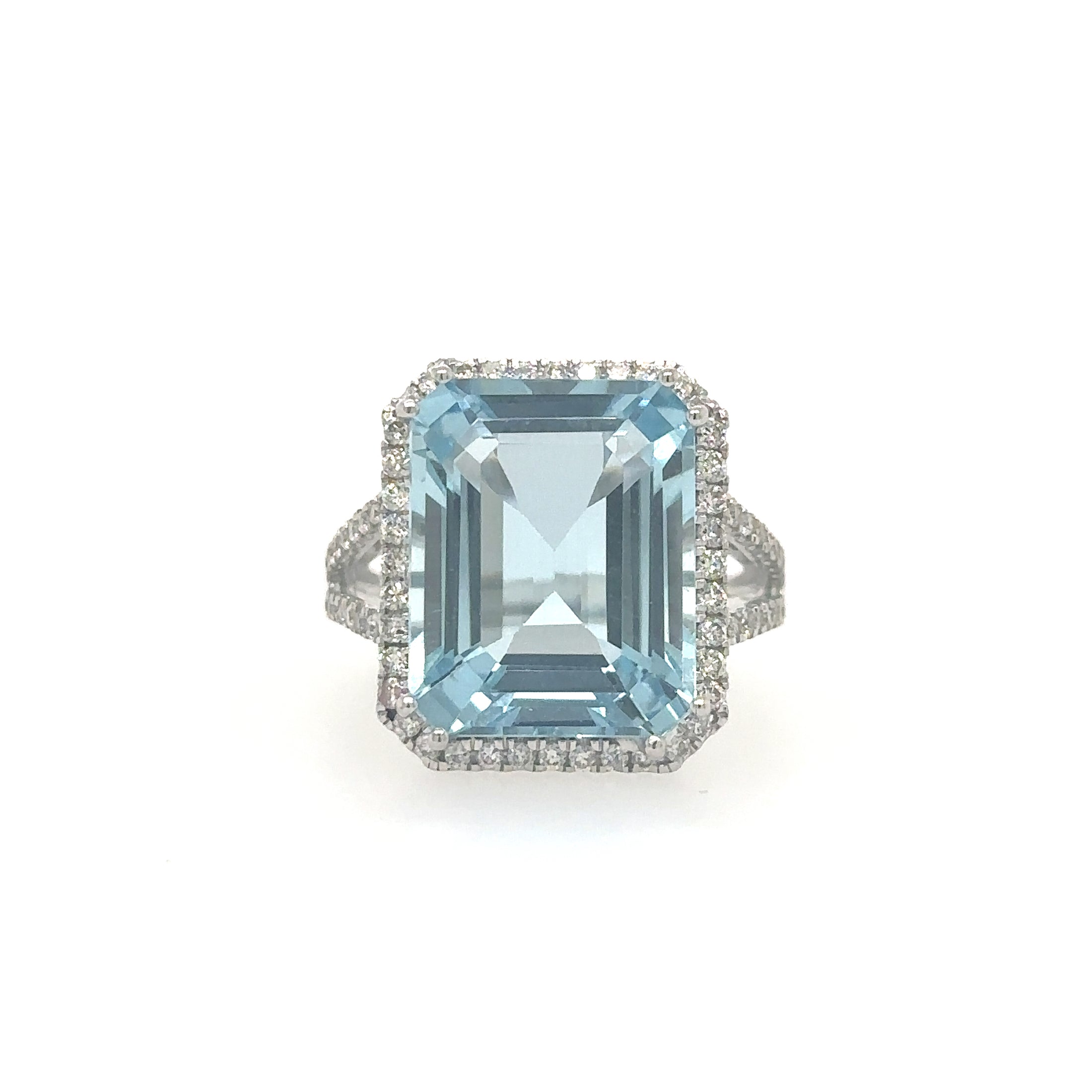 14K White Gold Emerald Shape Aquamarine Ring With Diamonds 11.54 TCW