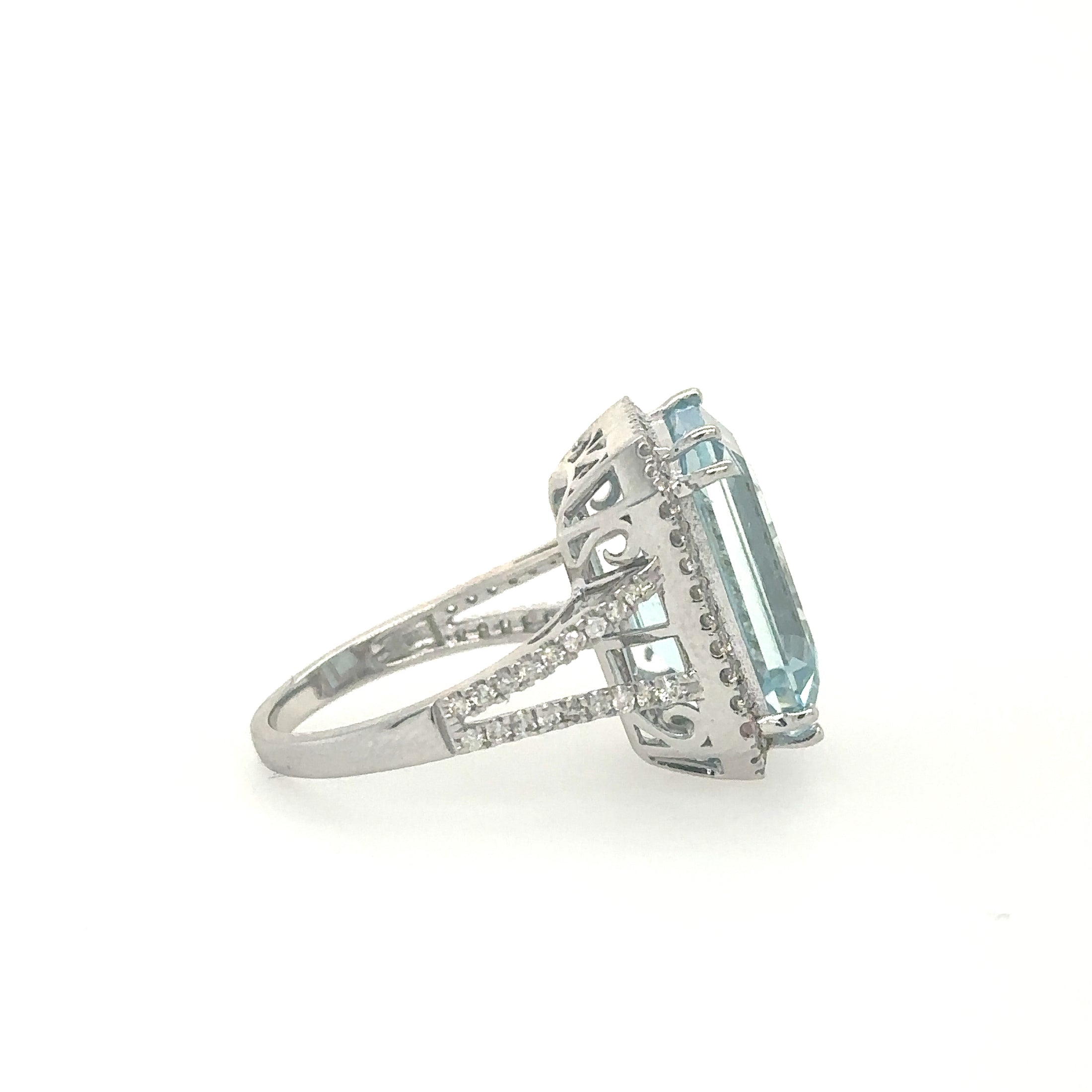 14K White Gold Emerald Shape Aquamarine Ring With Diamonds 11.54 TCW