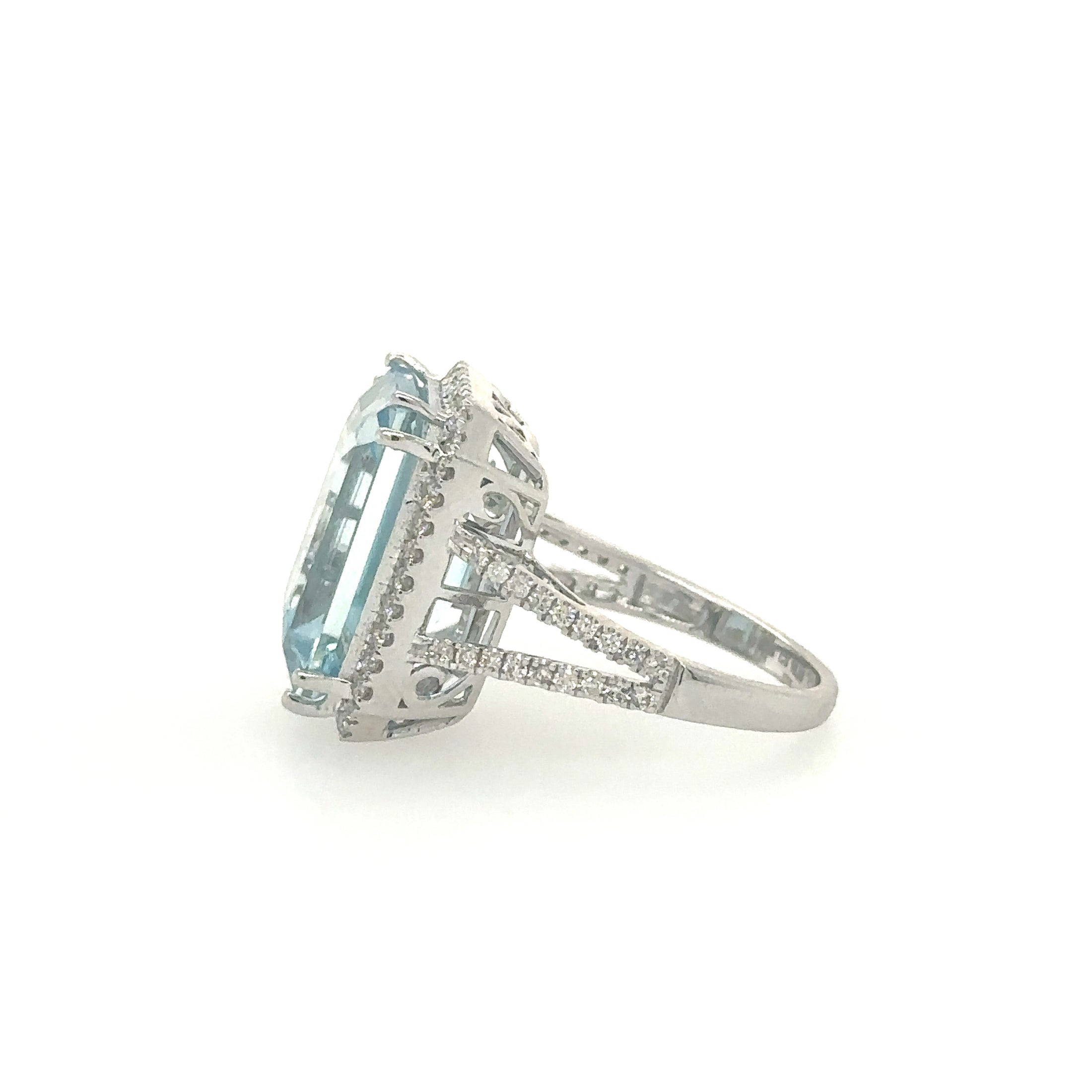 14K White Gold Emerald Shape Aquamarine Ring With Diamonds 11.54 TCW