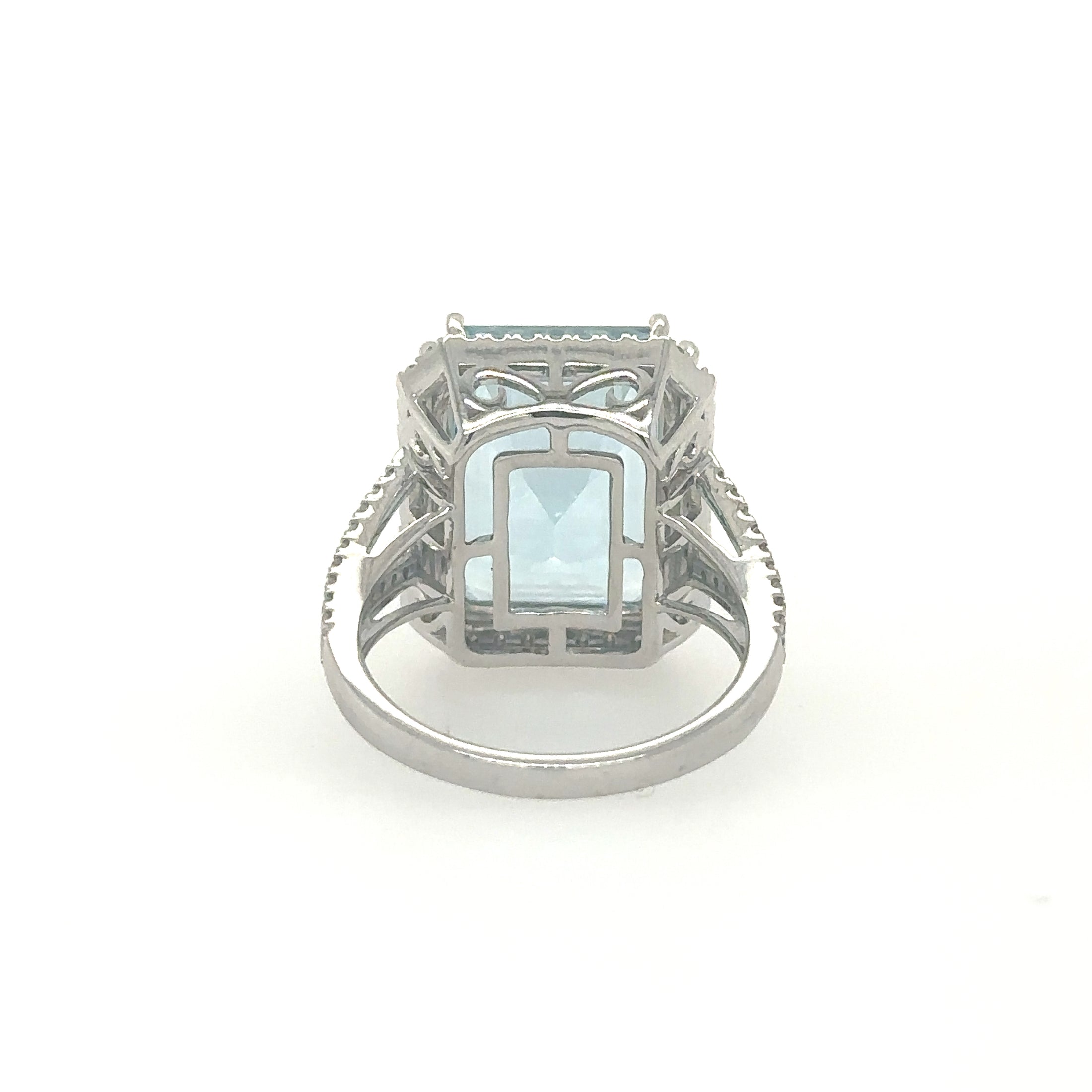 14K White Gold Emerald Shape Aquamarine Ring With Diamonds 11.54 TCW