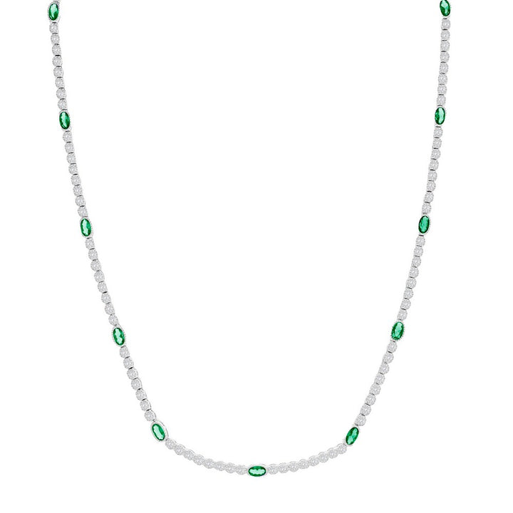 Sterling Silver Beaded Outline Oval & Round CZ Tennis Necklace - Emerald