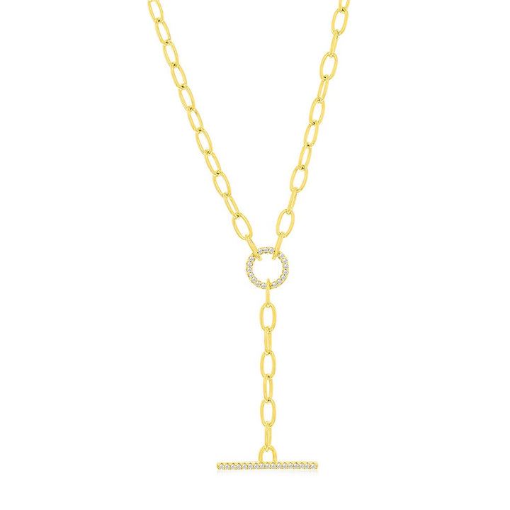 Sterling Silver, Toggle CZ Paperclip Necklace - Gold Plated