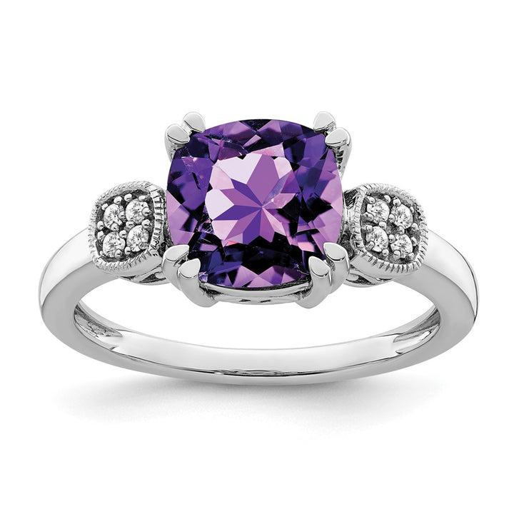 14K White Gold Amethyst & Diamond Cluster Triple Stone Ring (2.03 TCW)