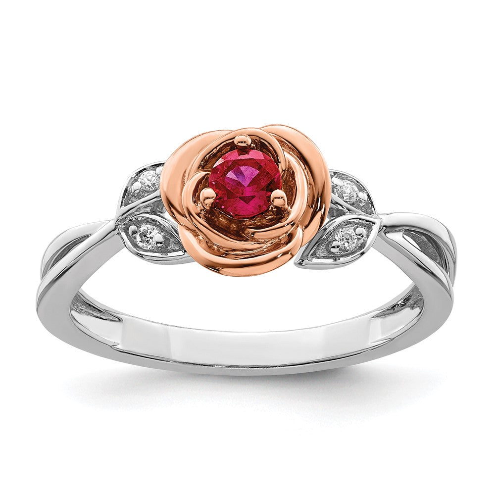 14K White & Rose Gold Ruby & Diamond Flower Cluster Ring (0.27 TCW)