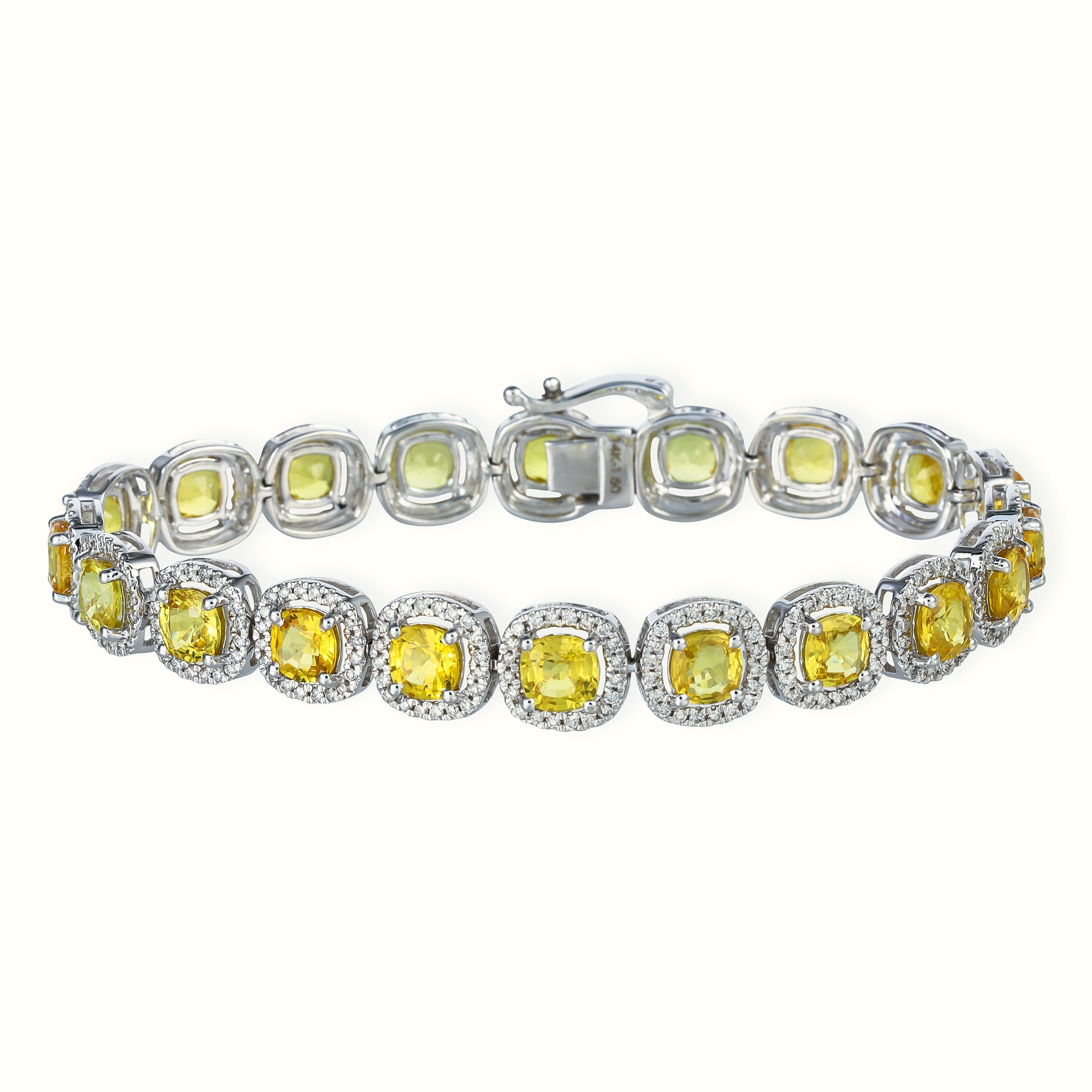 14K White Gold Diamond Yellow Sapphire Cushion Shape Bracelet 15.10 TCW