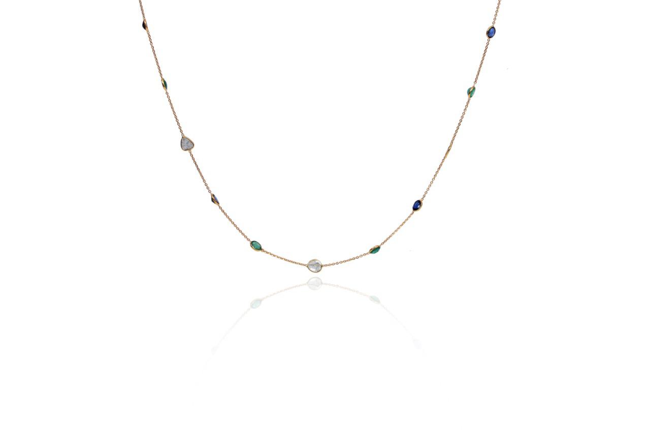 18K Diamond Slice, Emerald & Blue Sapphire Oval Necklace 5.38 TCW