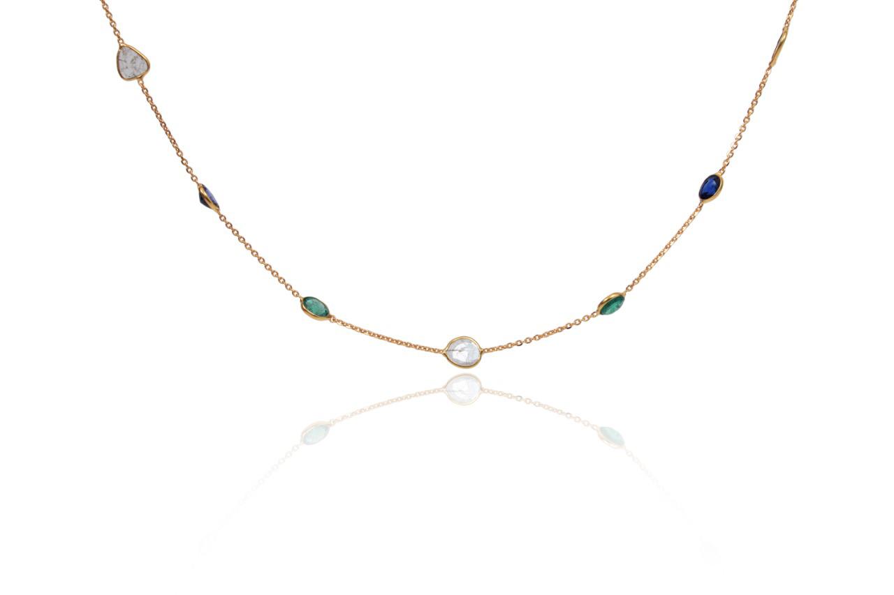 18K Diamond Slice, Emerald & Blue Sapphire Oval Necklace 5.38 TCW