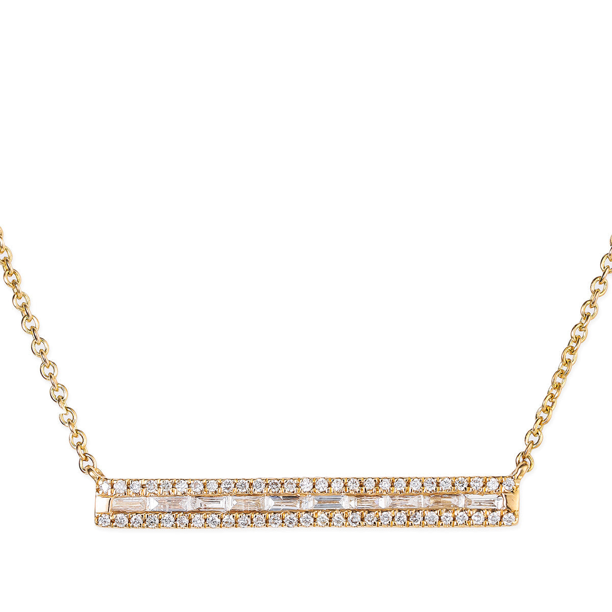 14K Diamond Round Baguette Bar Necklace 0.22 TCW