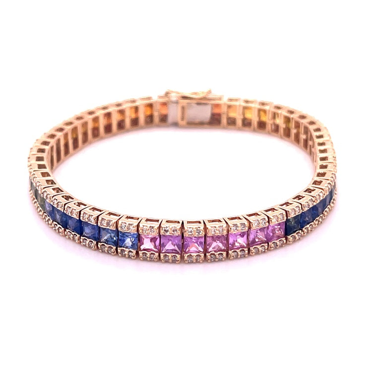 14K Yellow Gold Multi Sapphire Princess Cut With Diamond Bracelet 14.68 TCW