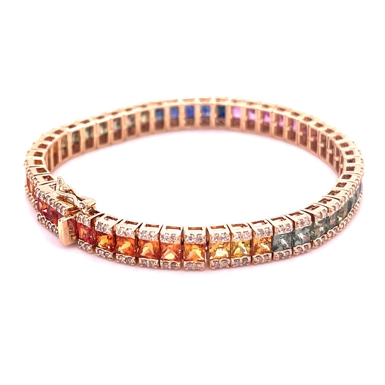 14K Yellow Gold Multi Sapphire Princess Cut With Diamond Bracelet 14.68 TCW